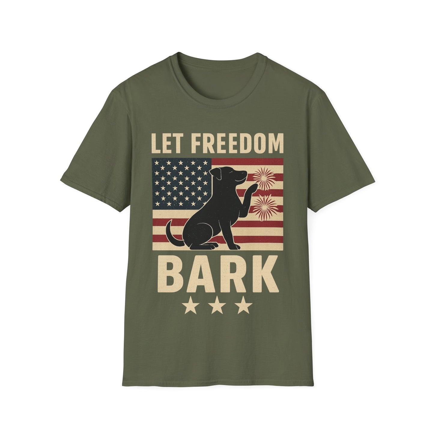 Let Freedom Bark Patriotic Dog T-Shirt | Fourth of July Rescue Tee | USA Flag Fireworks Dog Lover T-Shirt | Animal Adoption Apparel | Independence Day Dog Shirt | Gildan 64000 Unisex Soft Cotton T-Shirt for Pet Parents, Adult Unisex T-Shirt