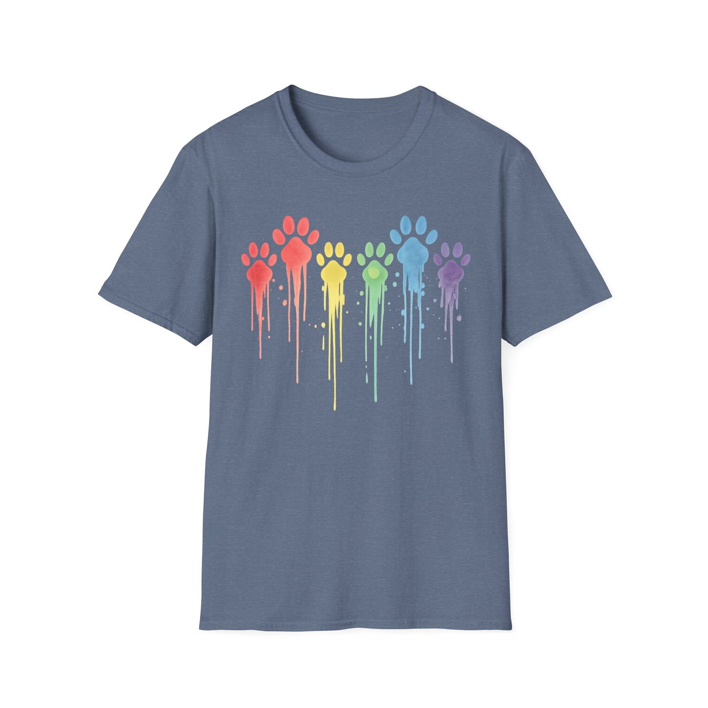Rainbow Paw Print Drip Shirt | Colorful Rescue Dog Pride Tee | Animal Lover Watercolor Pet Shirt | Unisex Gildan 64000 T-Shirt | Adopt Don't Shop, Adult Unisex T-Shirt