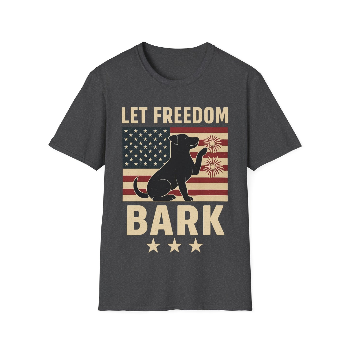 Let Freedom Bark Patriotic Dog T-Shirt | Fourth of July Rescue Tee | USA Flag Fireworks Dog Lover T-Shirt | Animal Adoption Apparel | Independence Day Dog Shirt | Gildan 64000 Unisex Soft Cotton T-Shirt for Pet Parents, Adult Unisex T-Shirt