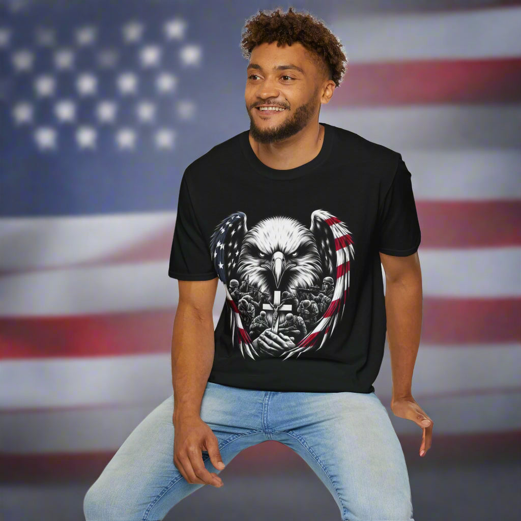 Faith and Freedom t-shirt featuring a soaring bald eagle with an American flag and a Christian cross behind it, printed on a dark shirt — patriotic Christian apparel for men and women