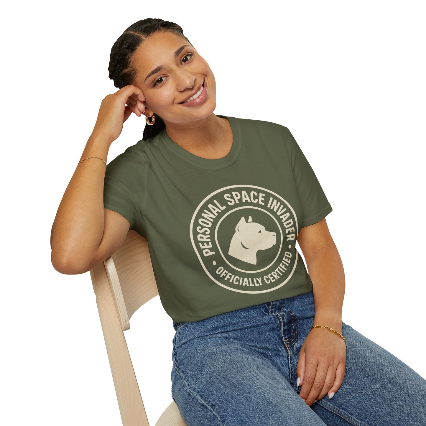 Personal Space Invader Officially Certified Pit Bull Unisex Adult T-Shirt – Rescue Dog Humor – 10% Donated – Free Shipping $75+