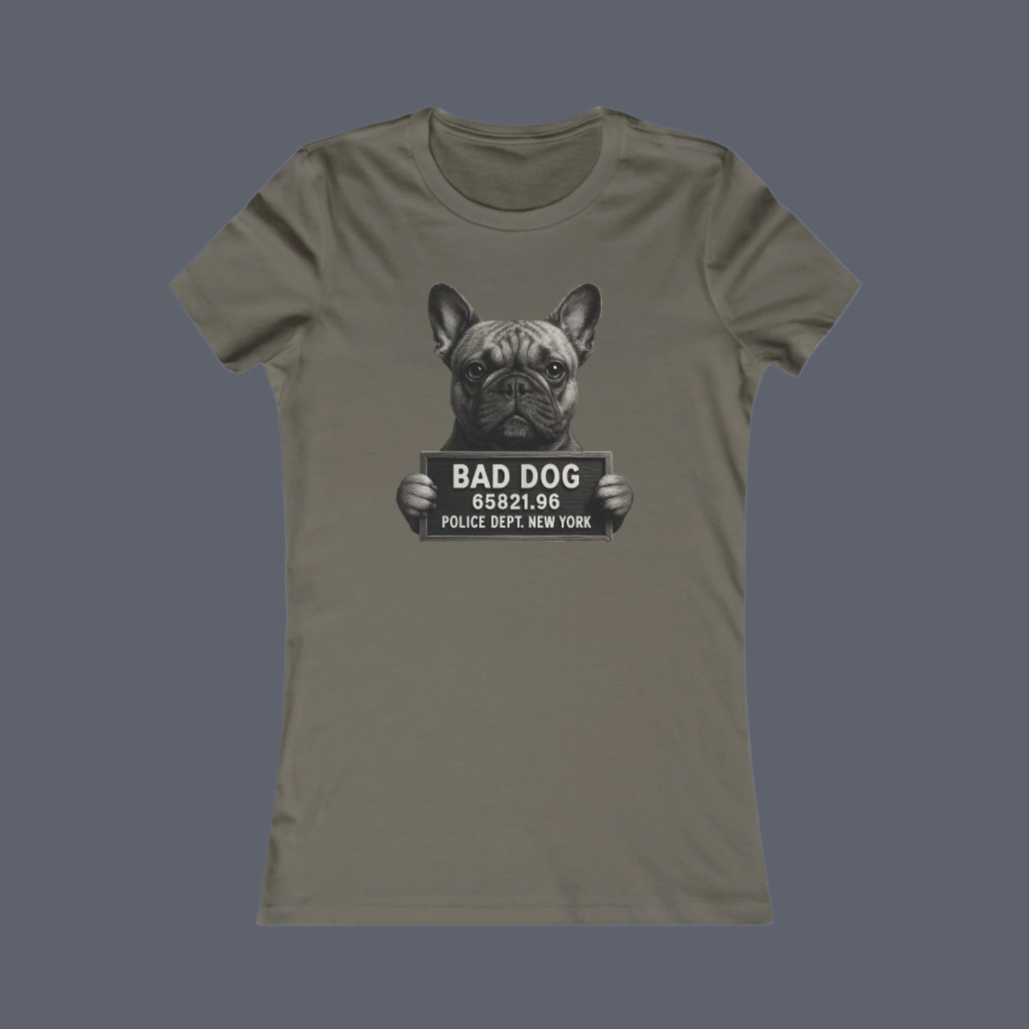 Gray t-shirt with a graphic of a dog holding a 'Bad Dog' sign on a white background