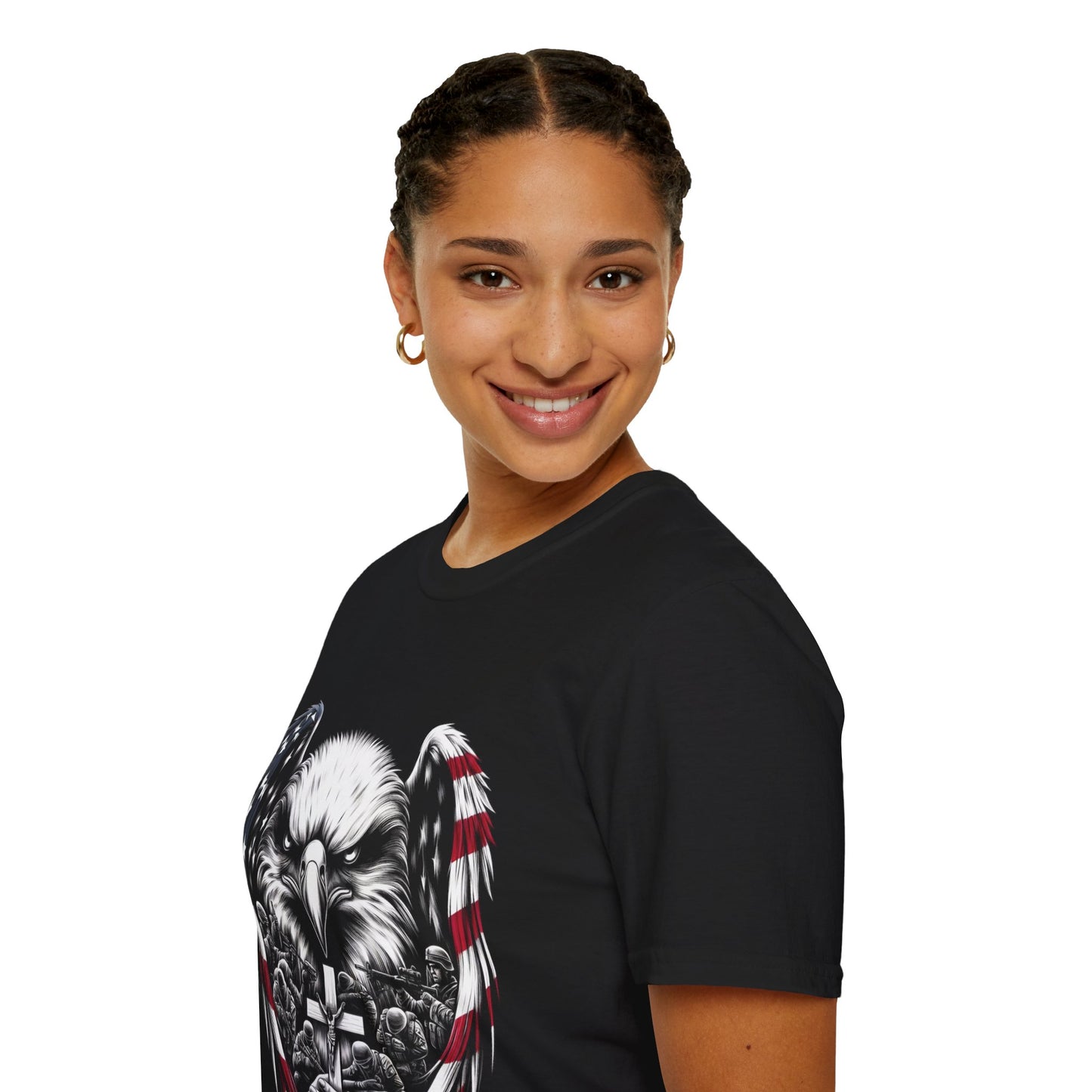 Faith and Freedom Eagle T-Shirt – 4th of July Patriotic Christian Tee – American Flag Wings, Battle Cross, Soldiers in Prayer – Adopted and Adored Apparel, Adult Unisex T-Shirt