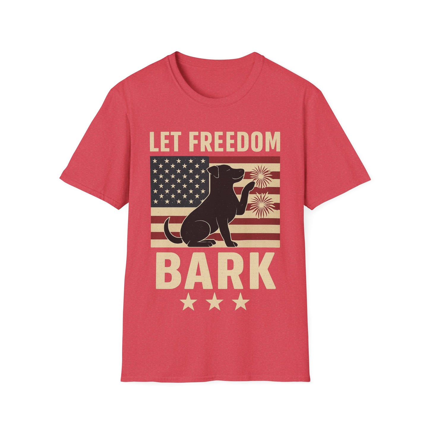 Let Freedom Bark Patriotic Dog T-Shirt | Fourth of July Rescue Tee | USA Flag Fireworks Dog Lover T-Shirt | Animal Adoption Apparel | Independence Day Dog Shirt | Gildan 64000 Unisex Soft Cotton T-Shirt for Pet Parents, Adult Unisex T-Shirt