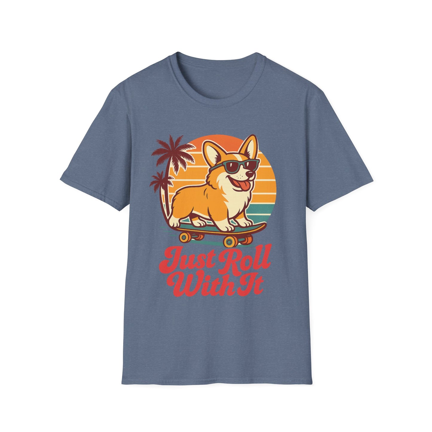 Funny Corgi Skateboard T-Shirt – Just Roll With It Retro Dog Tee | Summer Beach Dog Shirt for Pet Lovers, Adult Unisex T-Shirt