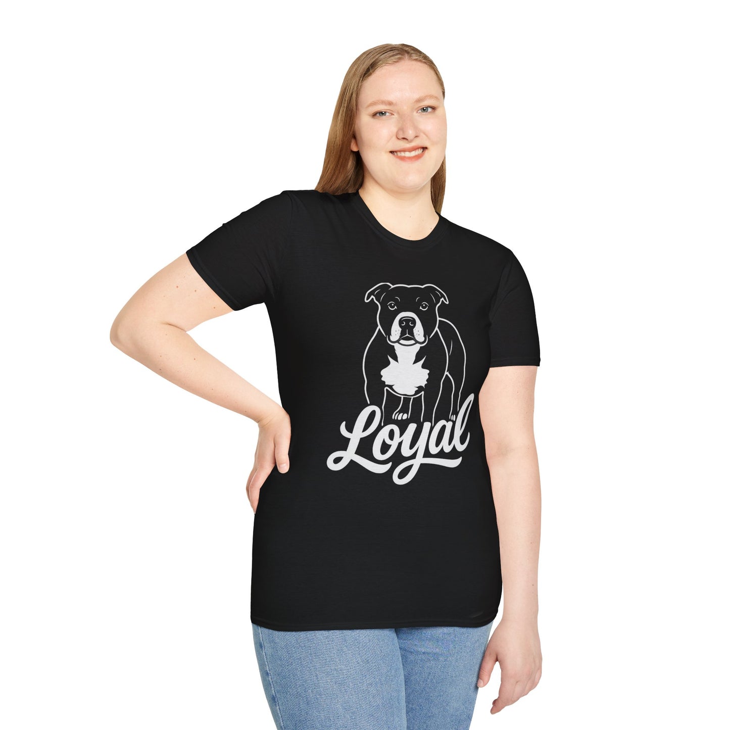 Loyal Pit Bull T-Shirt – Big Head Variant 2 Rescue Dog Graphic | Bold White Line Art on Black Tee, Adult Unisex T-Shirt