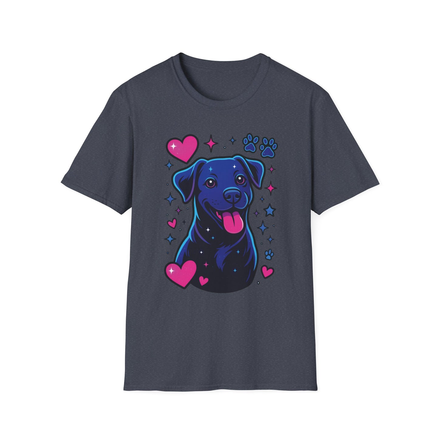 Neon Dog Graphic T-Shirt | Y2K Two-Sided Rescue Shirt with Front Dog Art + Back Logo | Adopted and Adored Apparel | Animal Adoption Awareness, Adult Unisex T-Shirt