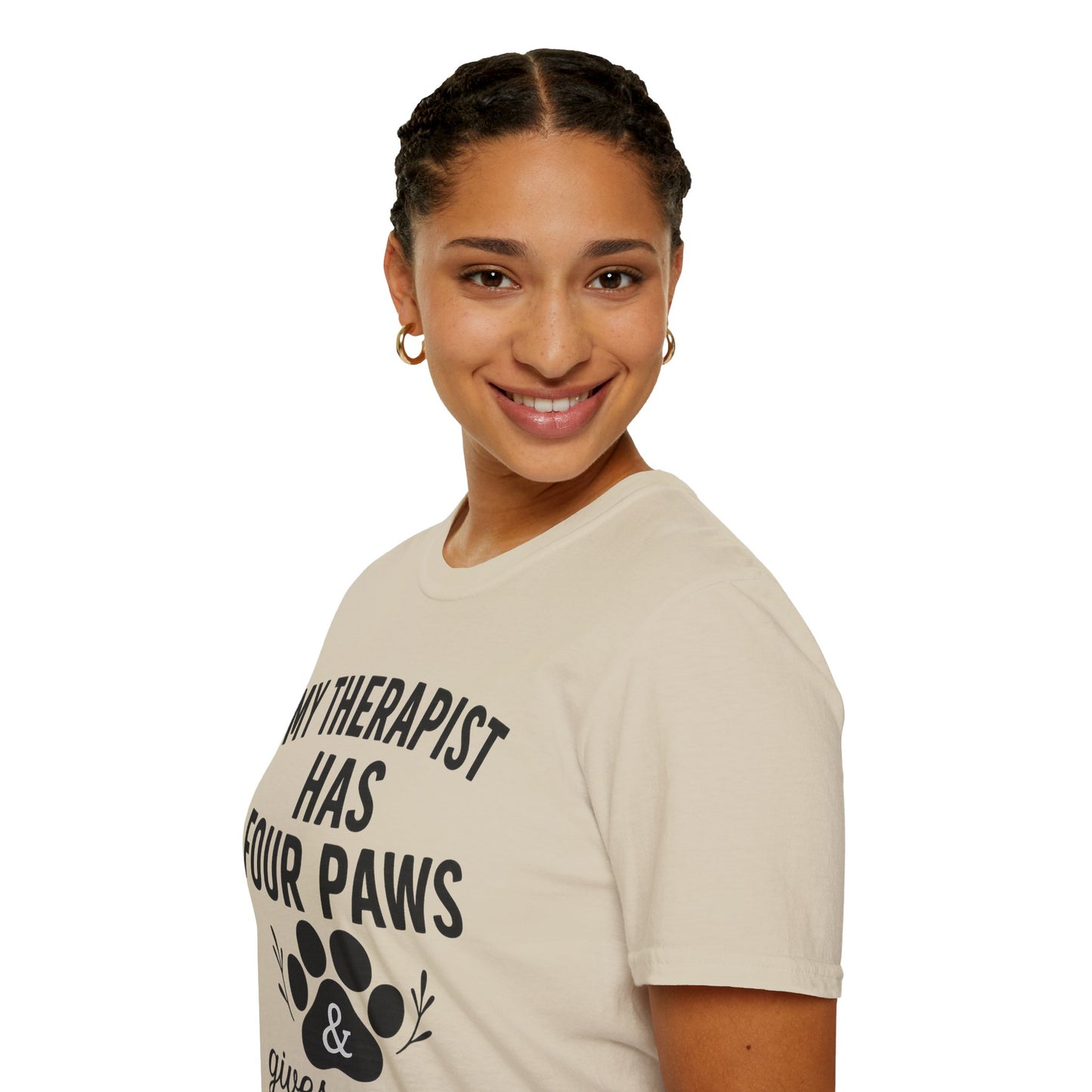 My Therapist Has Four Paws and Gives Great Cuddles – Rescue Dog Shirt with Bold Black Lettering, Adult Unisex T-Shirt