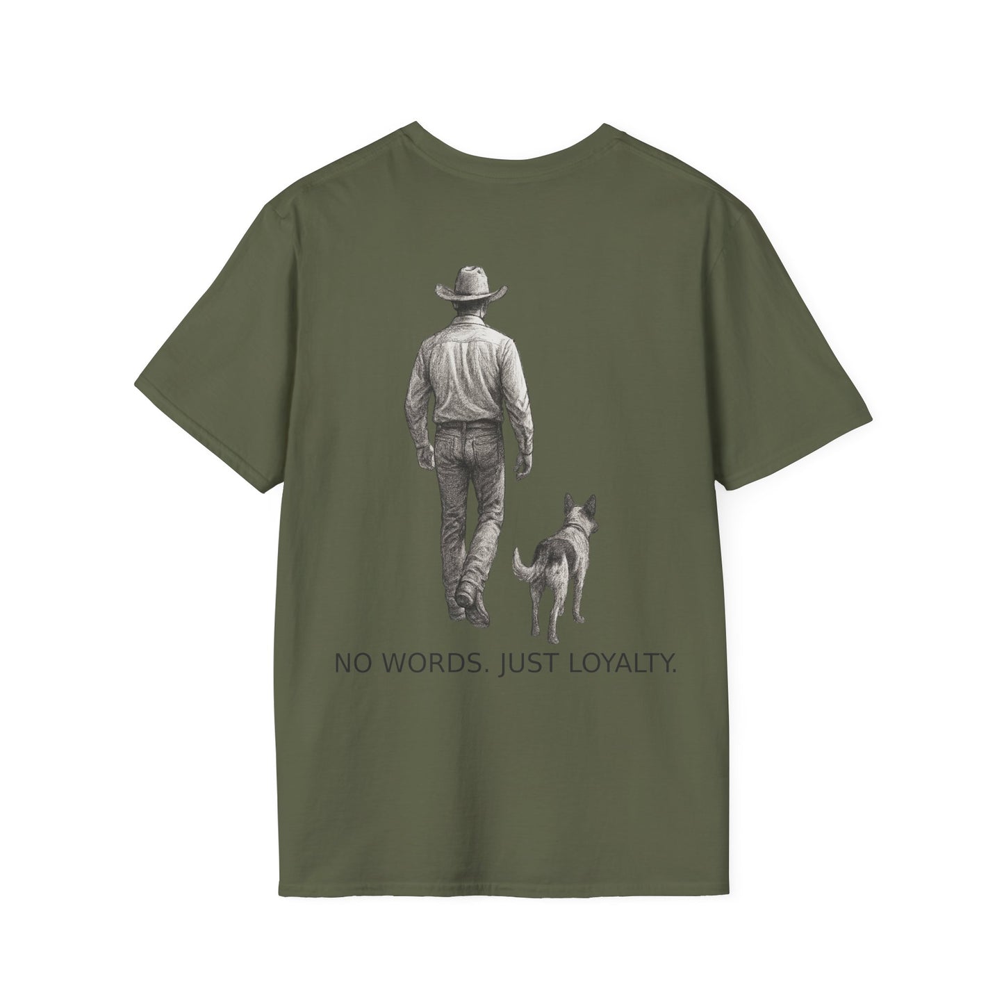 Cowboy and Dog Loyalty T-Shirt – No Words Just Loyalty Western Rescue Tee – Ranch Life Pet Lover Shirt – Adopted & Adored Apparel, Adult Unisex T-Shirt