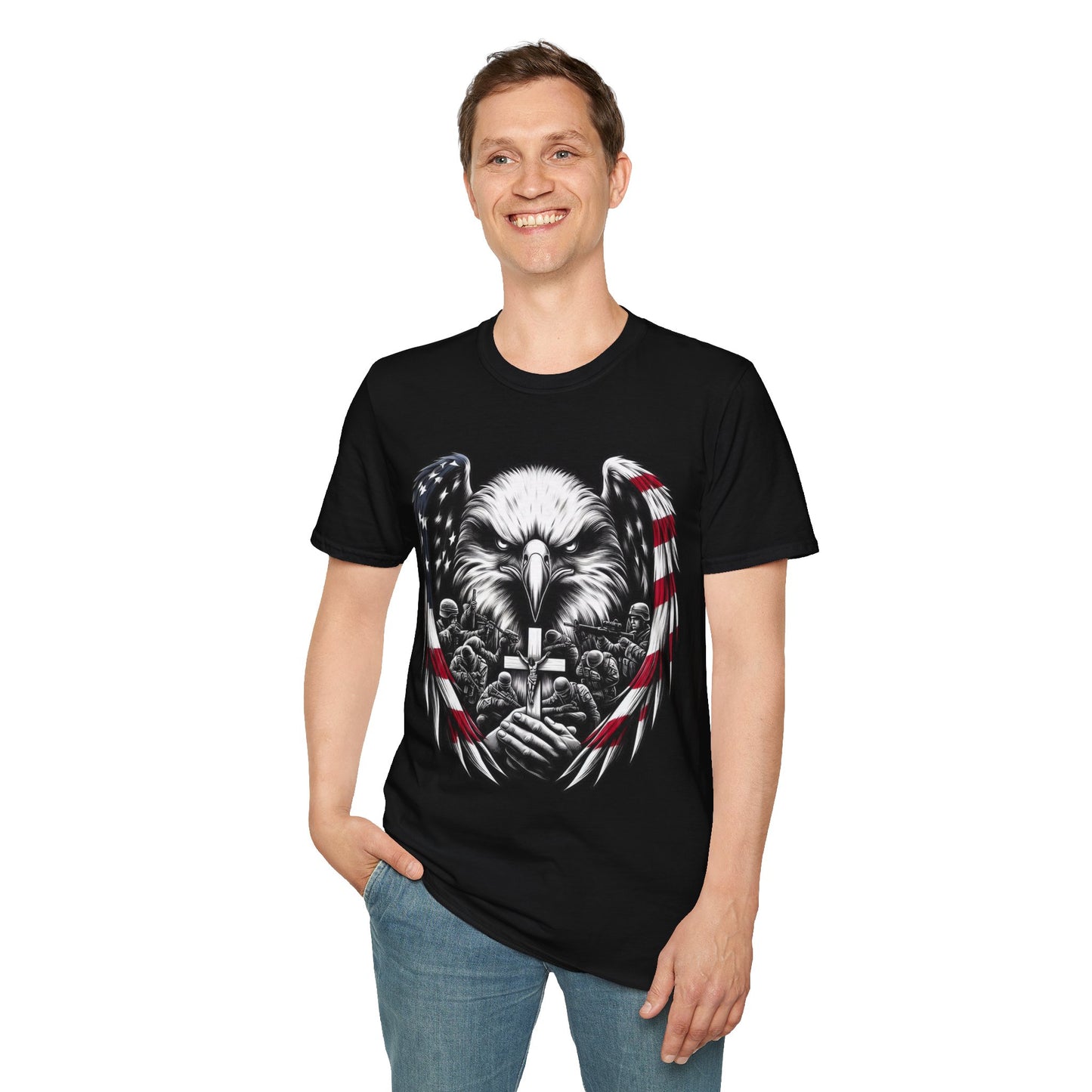 Faith and Freedom Eagle Cross T-Shirt – Front and Back USA Flag Pitty on back - American Flag Wings, Soldier Prayer Graphic, Patriotic Christian Memorial Shirt adult unisex