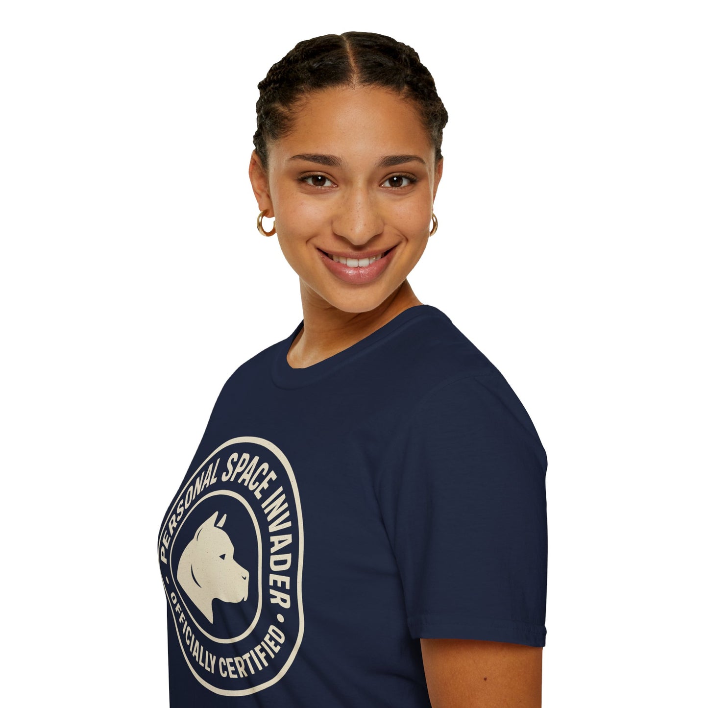 Personal Space Invader Officially Certified Pit Bull Unisex Adult T-Shirt – Rescue Dog Humor – 10% Donated – Free Shipping $75+