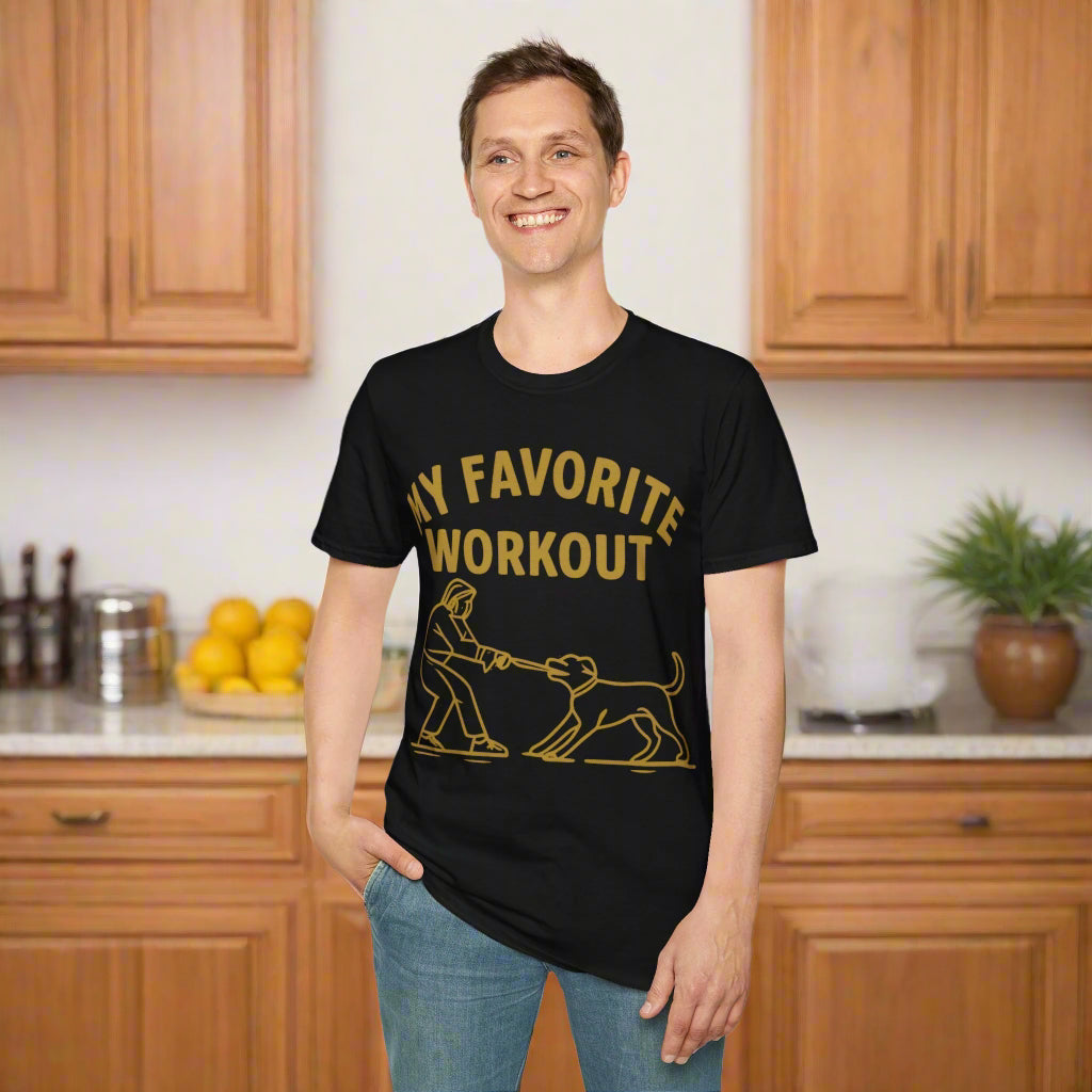 My Favorite Workout Tug-of-War Dog T-Shirt – Funny Dog Mom Tee – Gildan 64000 Unisex T-Shirt – Vintage Cream Print – Rescue Dog Lover Gift, Adult Unisex T-Shirt