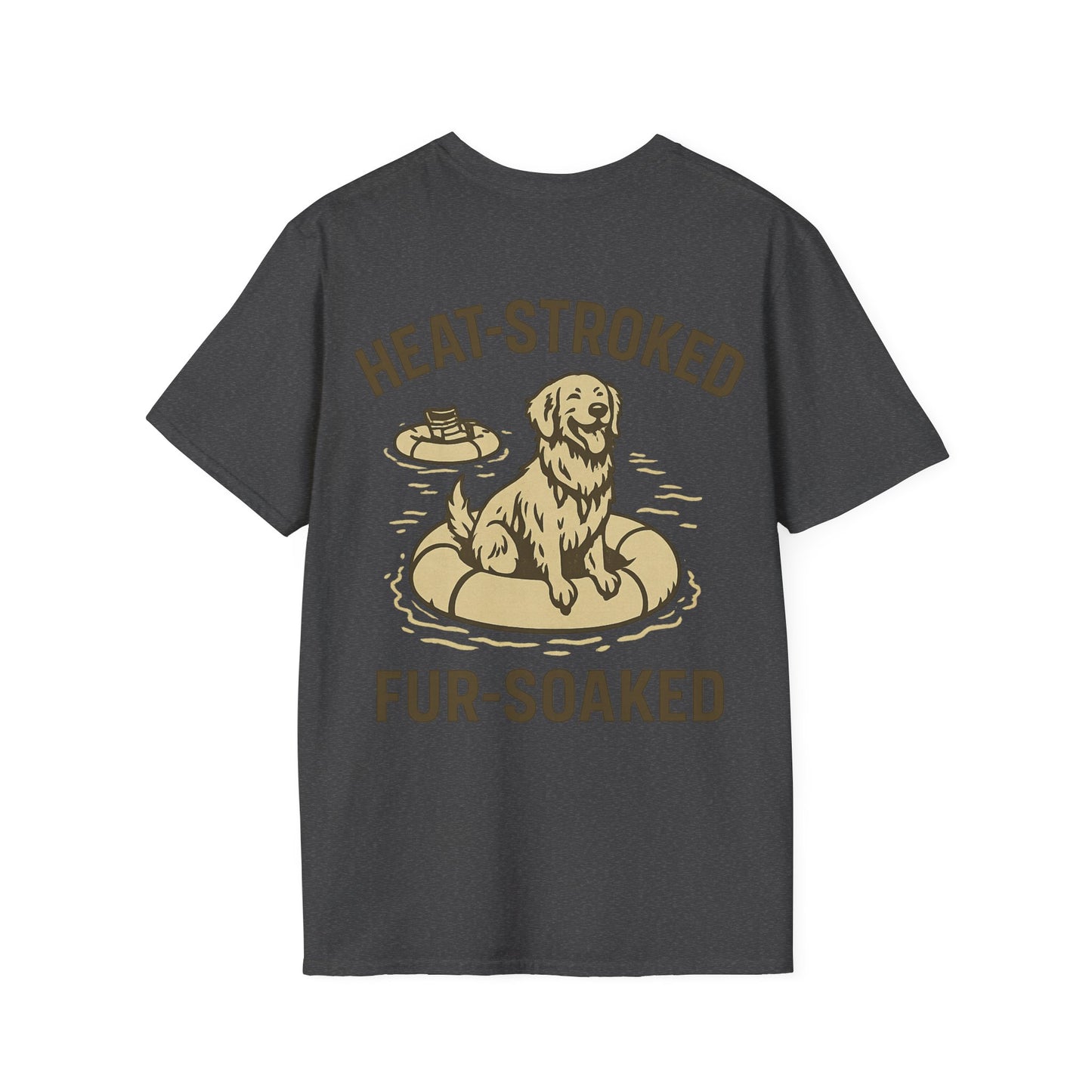 Heat-Stroked Fur-Soaked Dog T-Shirt – Arizona Lake Float Tee – Wet Dog Summer T-Shirt for Dog Lovers – Two-Sided Premium Rescue Apparel – Unisex Fit, Adult Unisex T-Shirt