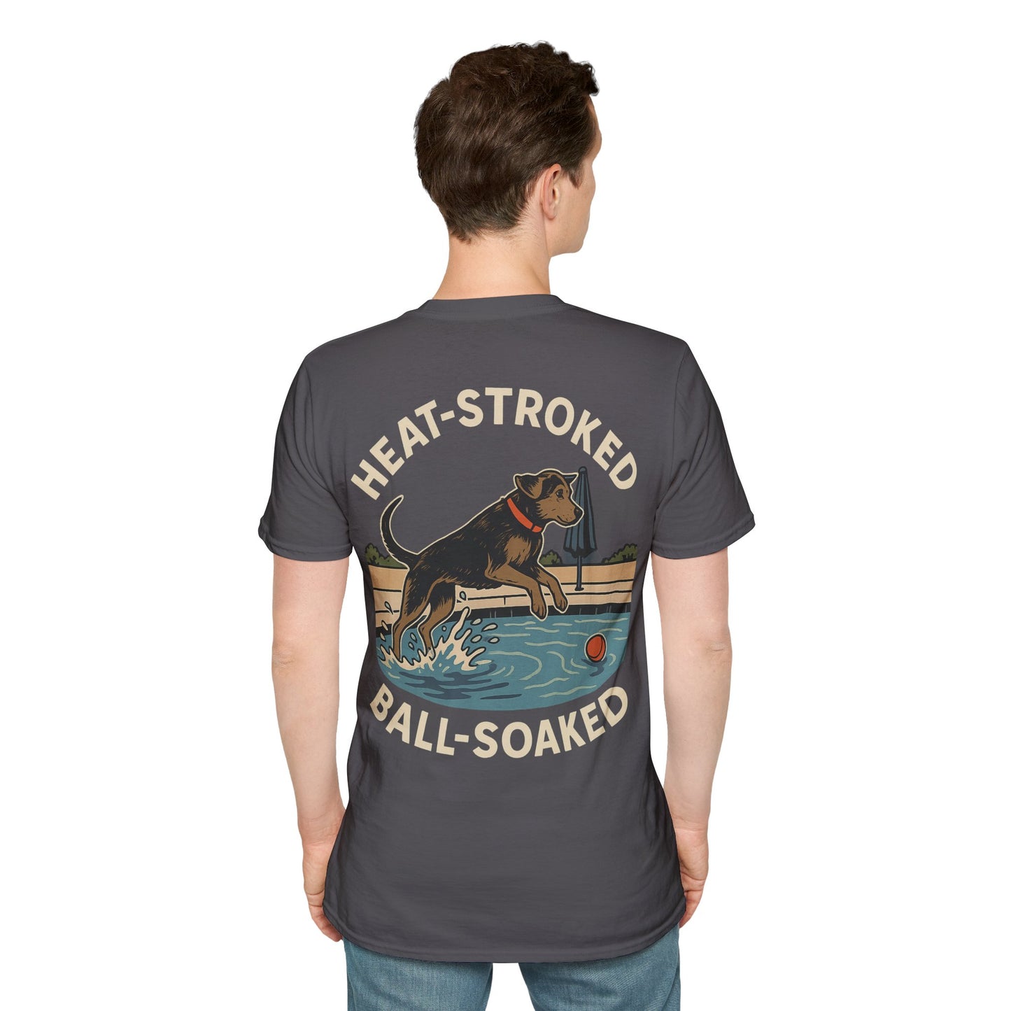Heat-Stroked Ball-Soaked Dog T-Shirt – Funny Rescue Pool Dog Summer Shirt with Front & Back Print, Adult Unisex T-Shirt