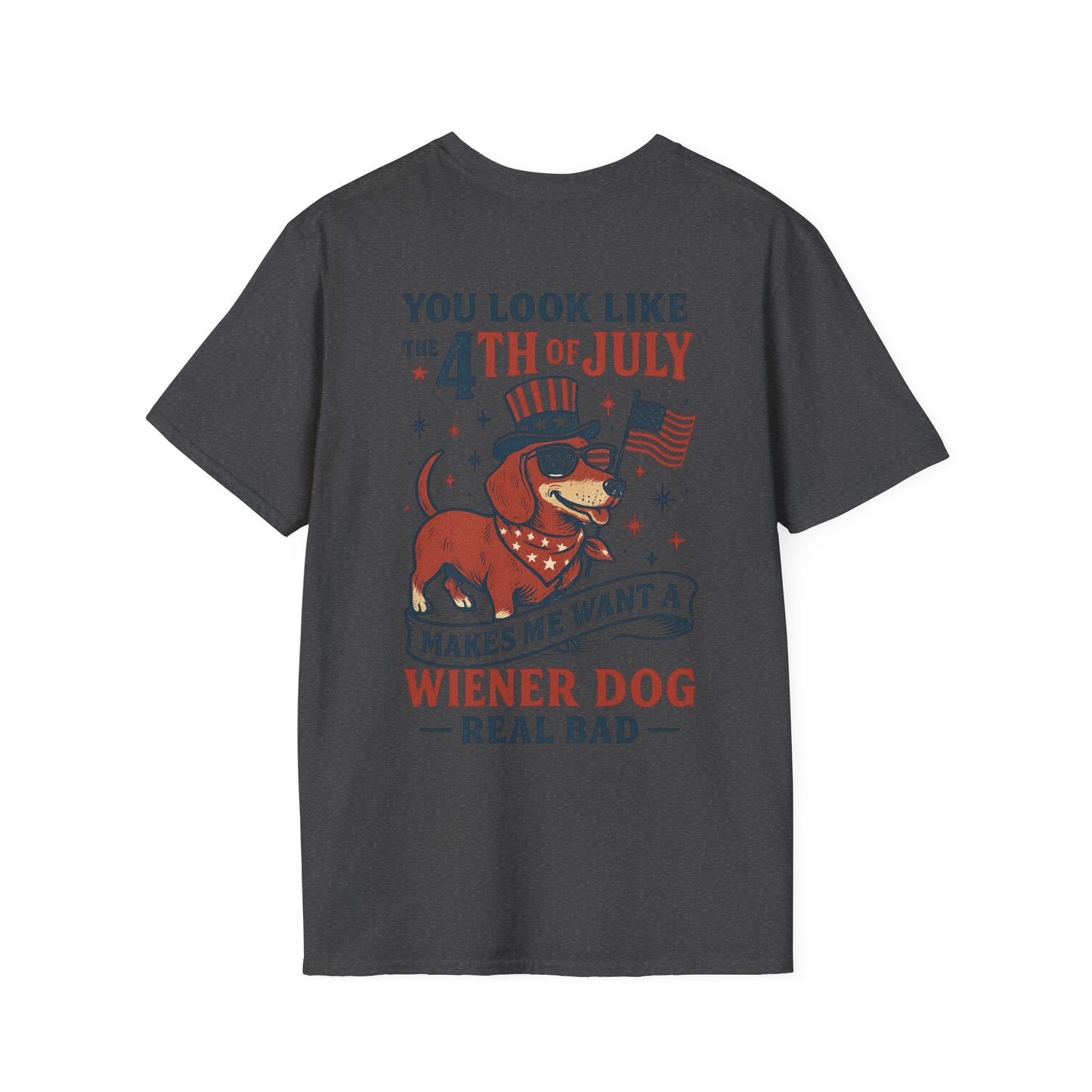 You Look Like the 4th of July Funny Wiener Dog T-Shirt – Patriotic Dachshund Shirt for Dog Lovers | Adopted and Adored Logo Front | July 4th Humor Tee, Adult Unisex T-Shirt