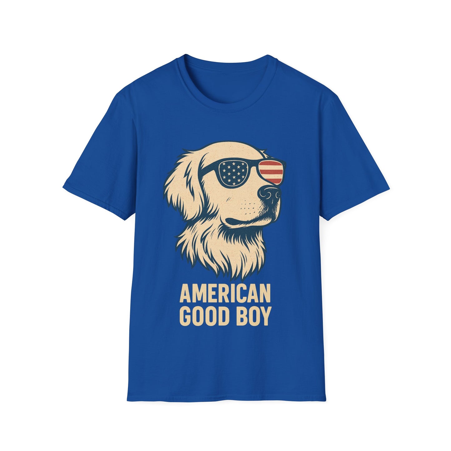 American Good Boy Golden Retriever T-Shirt – Patriotic Dog Wearing Flag Glasses – Funny 4th of July Graphic Tee for Men & Women, Adult Unisex T-Shirt