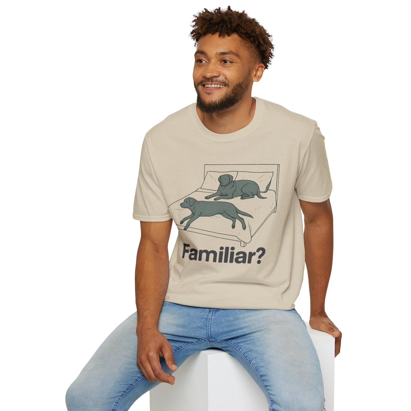 Familiar? Rescue Dog Bed Takeover T-Shirt | Funny Pitbull Dog Lover Gift | Adopted & Adored Apparel, Adult Unisex T-Shirt