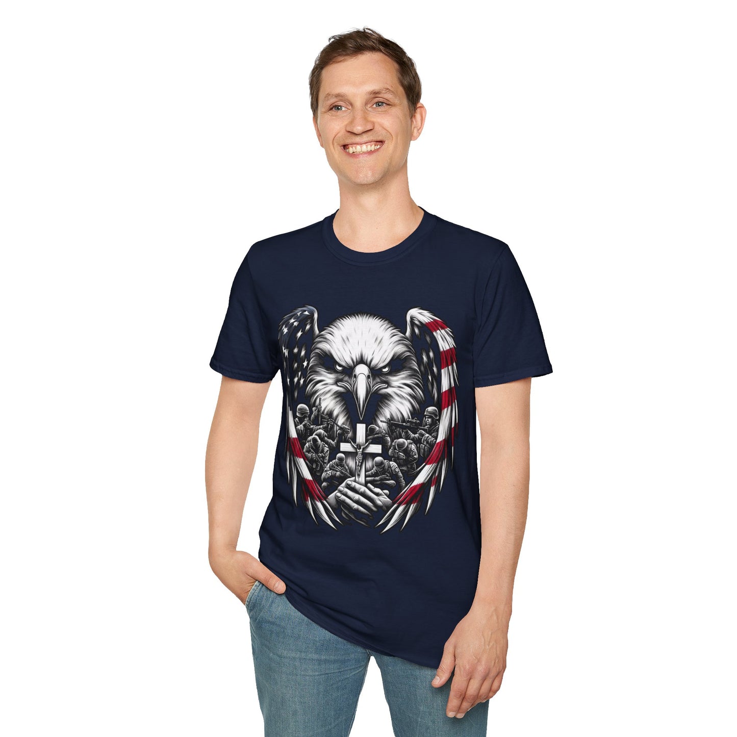 Faith and Freedom Eagle Cross T-Shirt – Front and Back USA Flag Pitty on back - American Flag Wings, Soldier Prayer Graphic, Patriotic Christian Memorial Shirt adult unisex