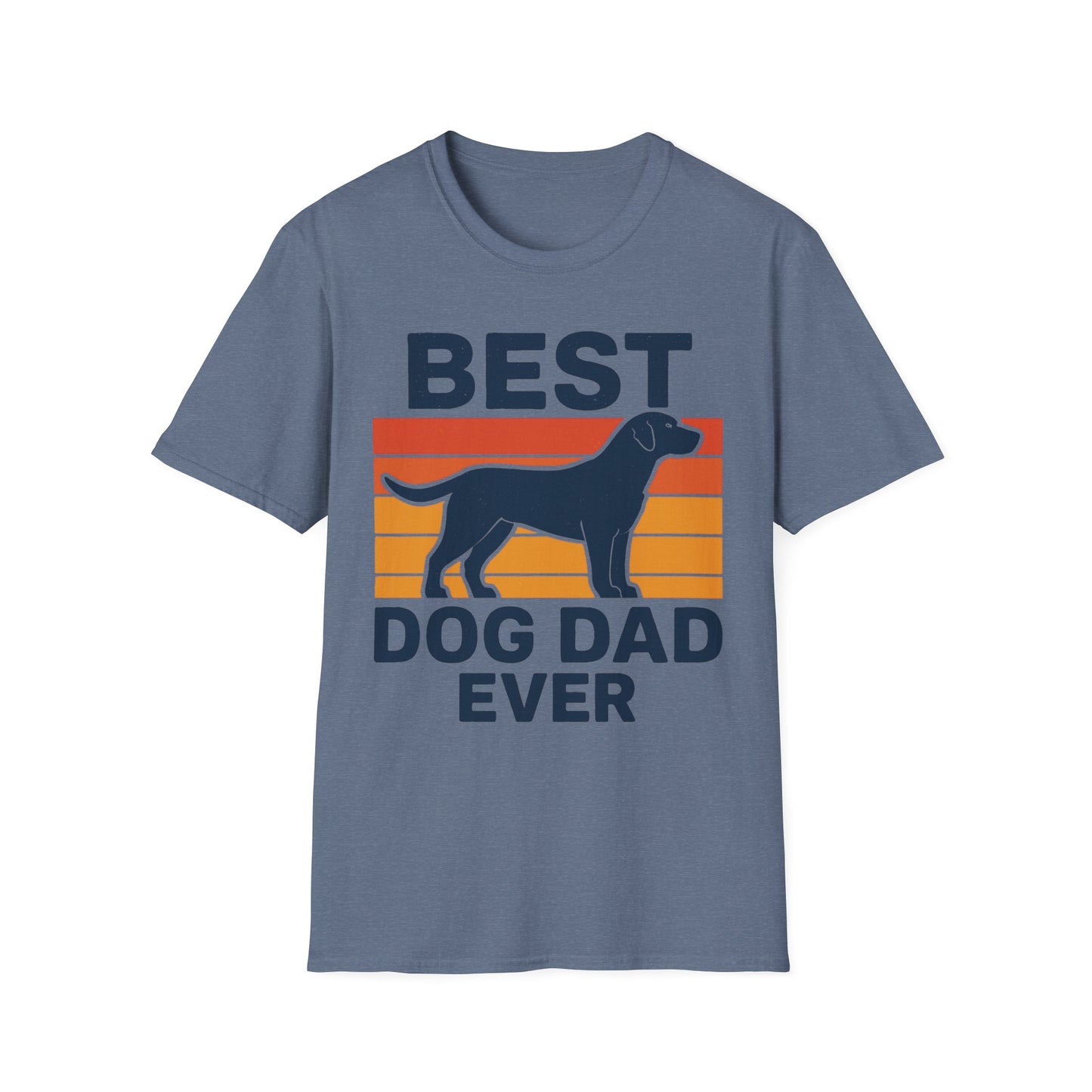 Blue t-shirt with 'Best Dog Dad Ever' graphic on a white background