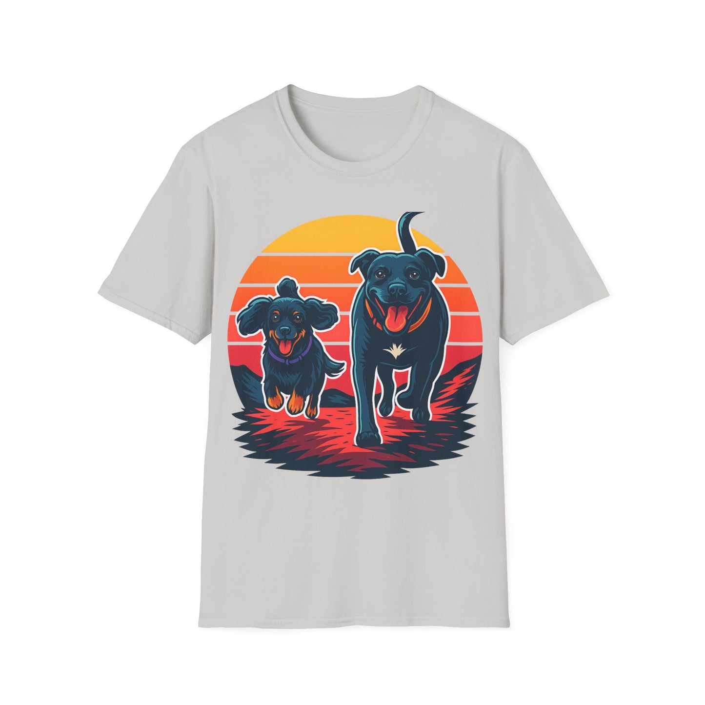 Retro Sunset Dog Shirt | Running Rescue Dog Graphic Tee for Animal Lovers, Teens & Friends | Vibrant Pet Memorial Gift, Adult Unisex T-Shirt