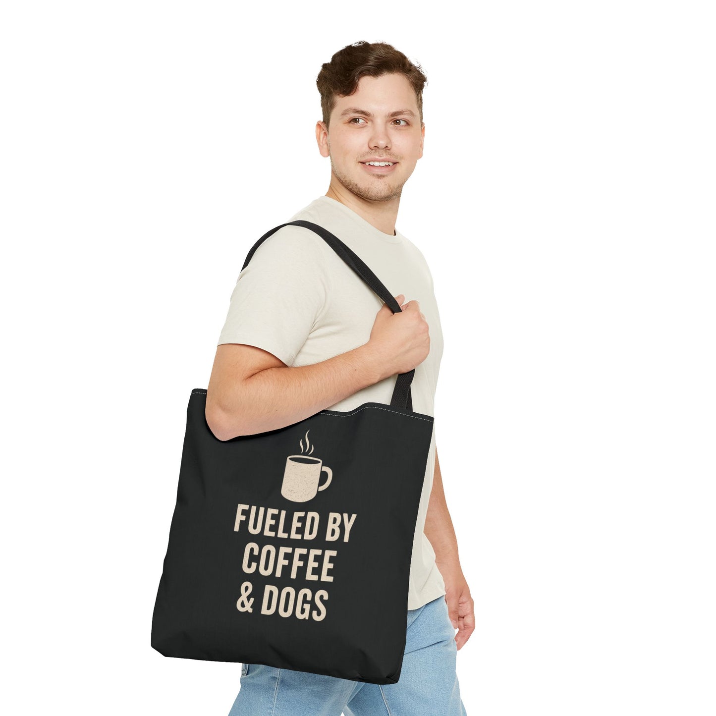 Fueled By Coffee & Dogs Tote Bag, Perfect for Dog Lovers, Everyday Use, Gift for Coffee Lovers, Eco-Friendly Shopping Bag, Stylish Animal Lover Tote, Adult Unisex T-Shirt