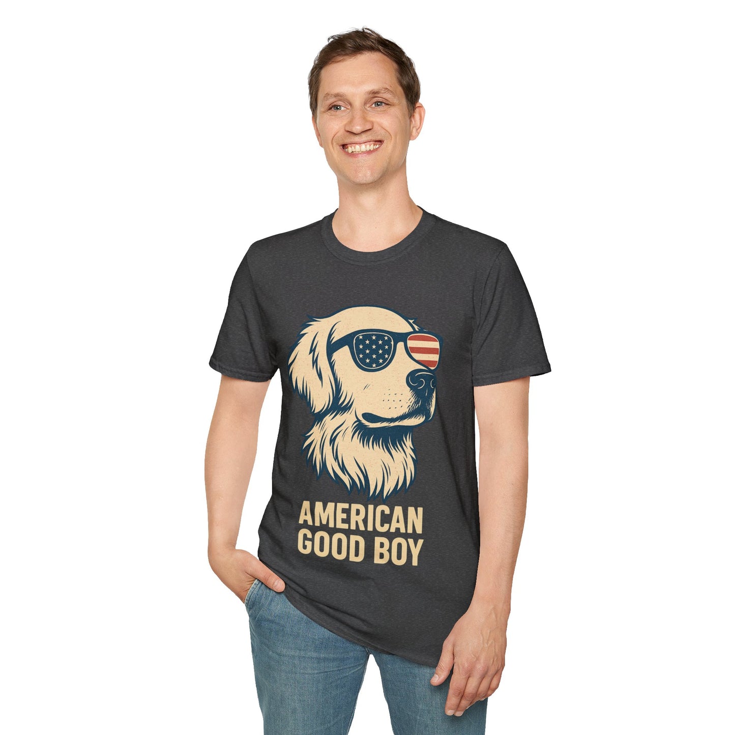 American Good Boy Golden Retriever T-Shirt – Patriotic Dog Wearing Flag Glasses – Funny 4th of July Graphic Tee for Men & Women, Adult Unisex T-Shirt