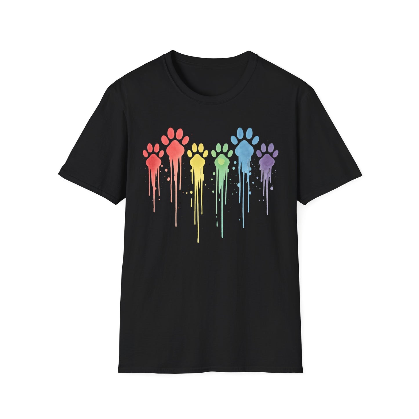 Rainbow Paw Print Drip Shirt | Colorful Rescue Dog Pride Tee | Animal Lover Watercolor Pet Shirt | Unisex Gildan 64000 T-Shirt | Adopt Don't Shop, Adult Unisex T-Shirt