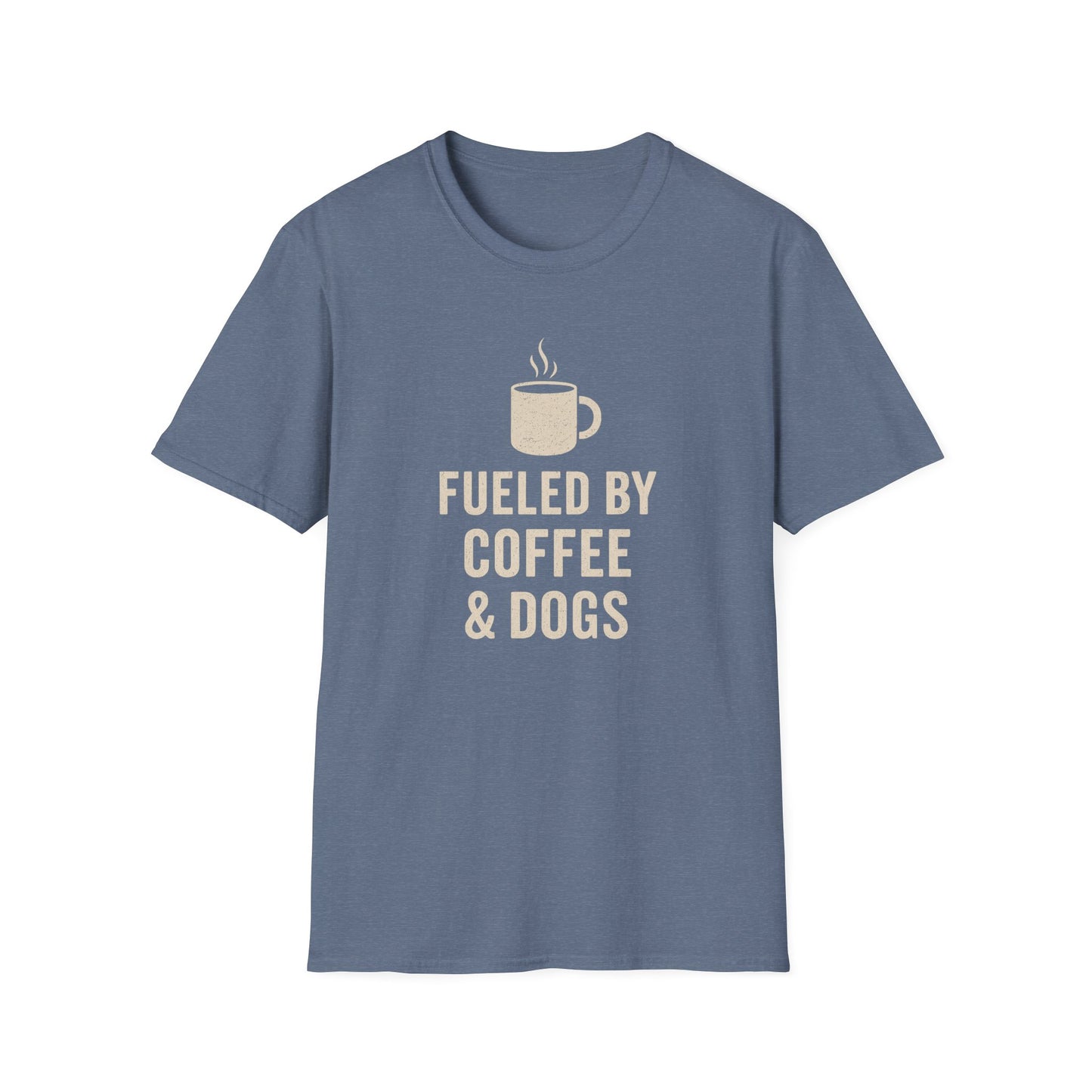 Fueled by Coffee and Dogs T-Shirt – Distressed Cream Graphic Tee for Dog Lovers, Charcoal Heather Unisex Fit adult