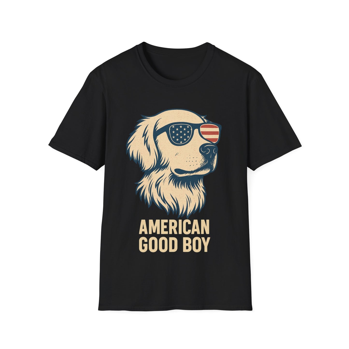 American Good Boy Golden Retriever T-Shirt – Patriotic Dog Wearing Flag Glasses – Funny 4th of July Graphic Tee for Men & Women, Adult Unisex T-Shirt