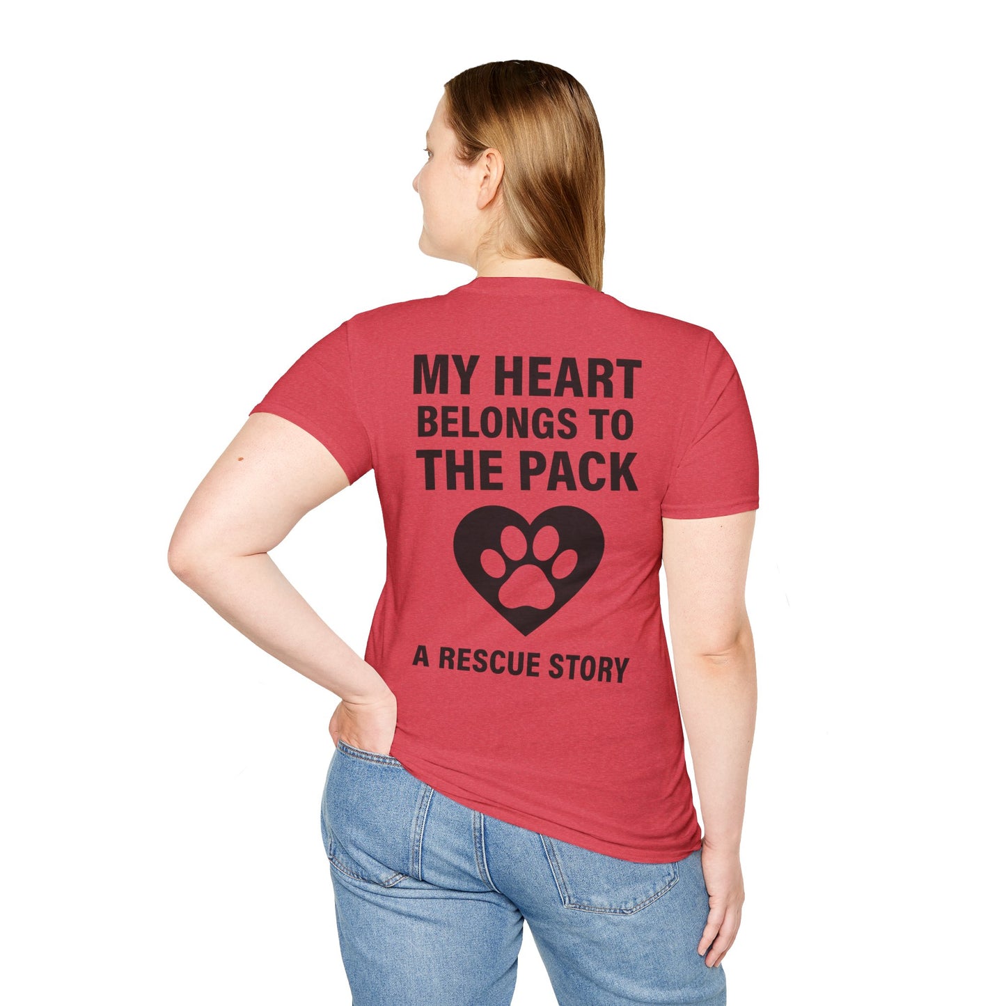 My Heart Belongs to the Pack Shirt – A Rescue Story Dog Shirt – Back Print Dog Lover Tee – Pack Collection Matching Family T-Shirt – Adopted and Adored Apparel, Adult Unisex T-Shirt