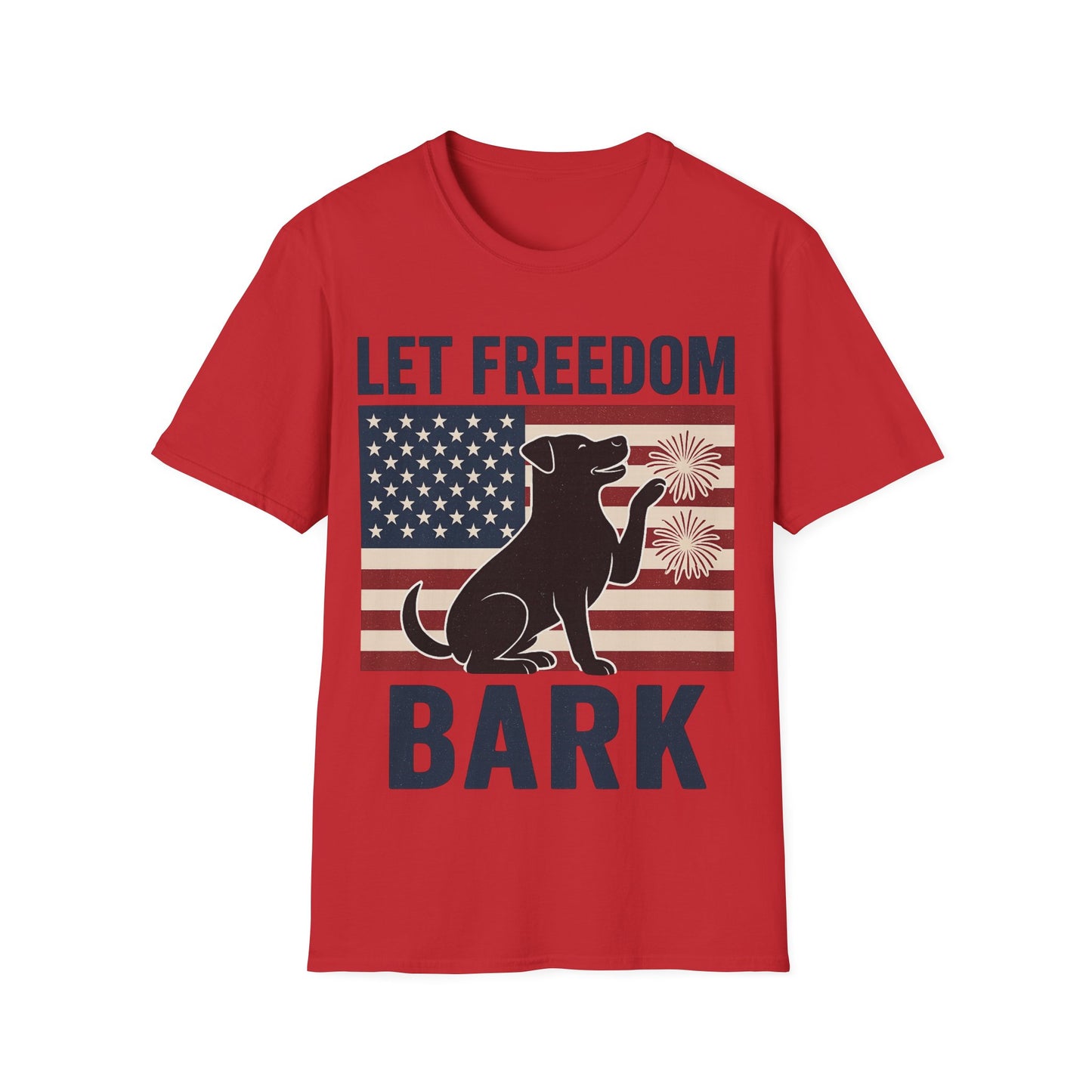 Let Freedom Bark Patriotic Dog T-Shirt | Fourth of July Rescue Tee | USA Flag Fireworks Dog Lover T-Shirt | Animal Adoption Apparel | Independence Day Dog Shirt | Gildan 64000 Unisex Soft Cotton T-Shirt for Pet Parents, Adult Unisex T-Shirt
