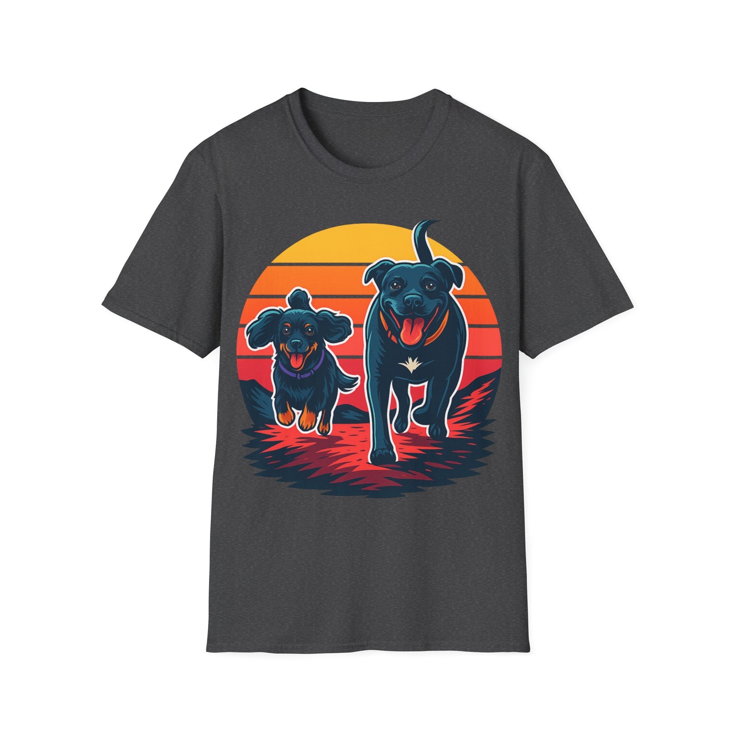 Retro Sunset Dog Shirt | Running Rescue Dog Graphic Tee for Animal Lovers, Teens & Friends | Vibrant Pet Memorial Gift, Adult Unisex T-Shirt