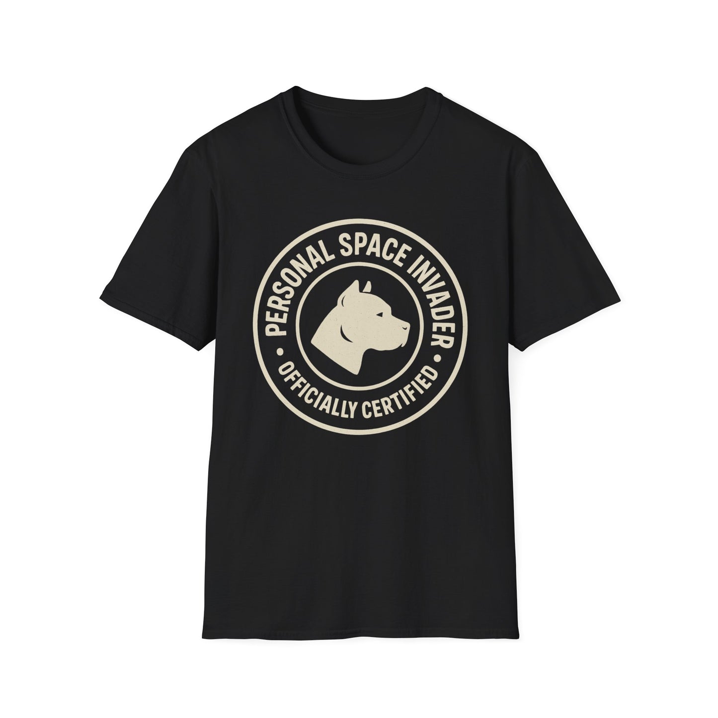 Personal Space Invader Officially Certified Pit Bull Unisex Adult T-Shirt – Rescue Dog Humor – 10% Donated – Free Shipping $75+
