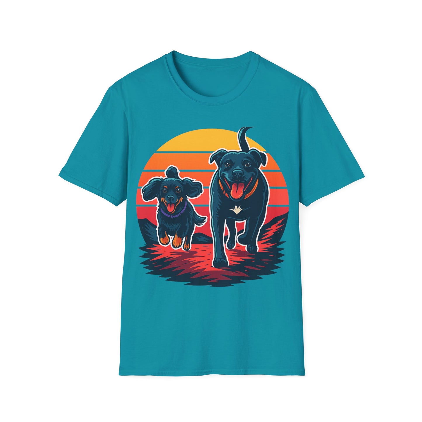 Retro Sunset Dog Shirt | Running Rescue Dog Graphic Tee for Animal Lovers, Teens & Friends | Vibrant Pet Memorial Gift, Adult Unisex T-Shirt