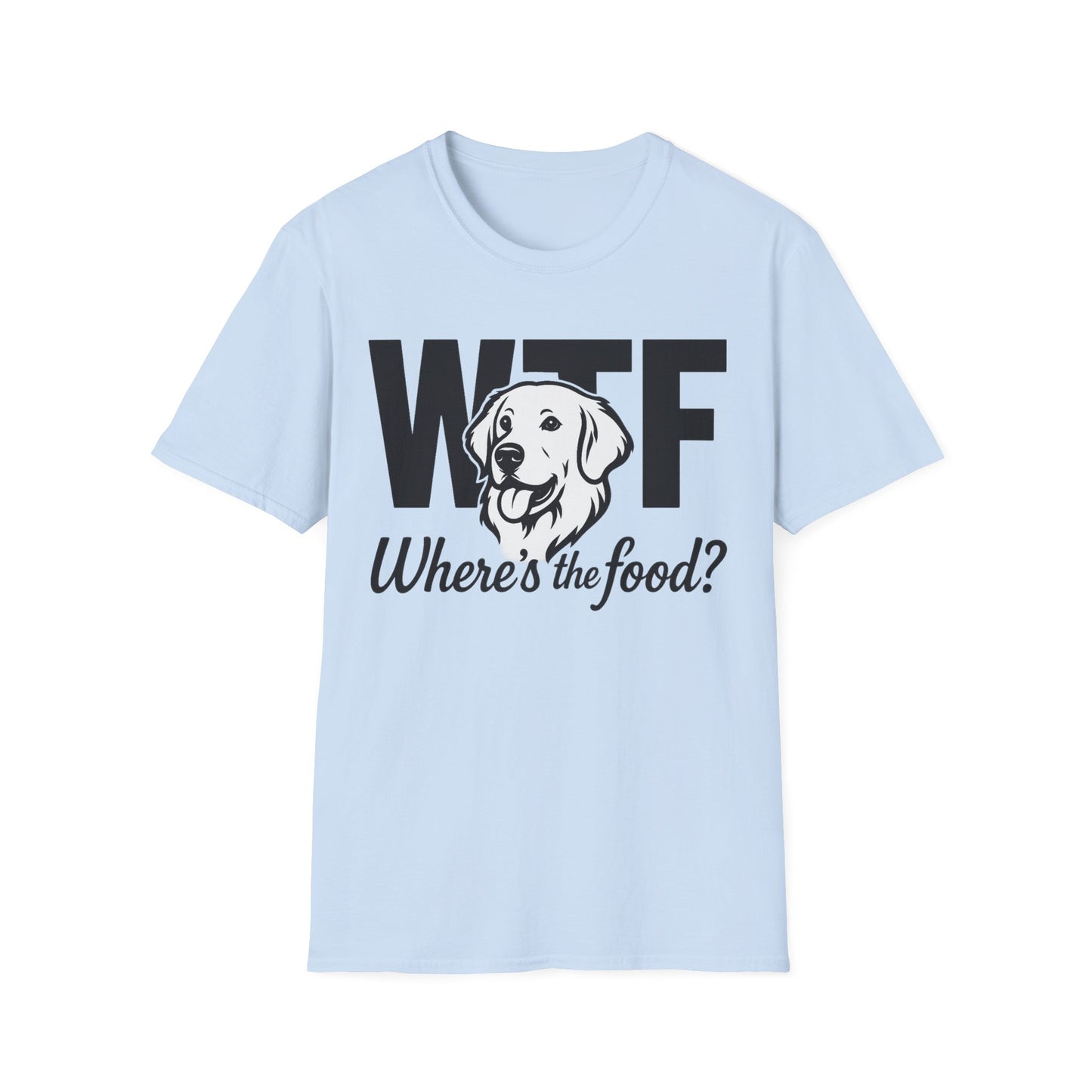 WTF Where’s The Food Funny Dog T-Shirt – Golden Retriever Design for Dog Lovers, Light Color Tee for Pet Owners, Animal Rescue Humor Gift, Adult Unisex T-Shirt