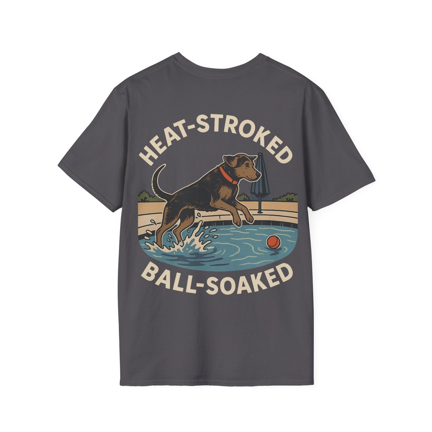 Heat-Stroked Ball-Soaked Dog T-Shirt – Funny Rescue Pool Dog Summer Shirt with Front & Back Print, Adult Unisex T-Shirt