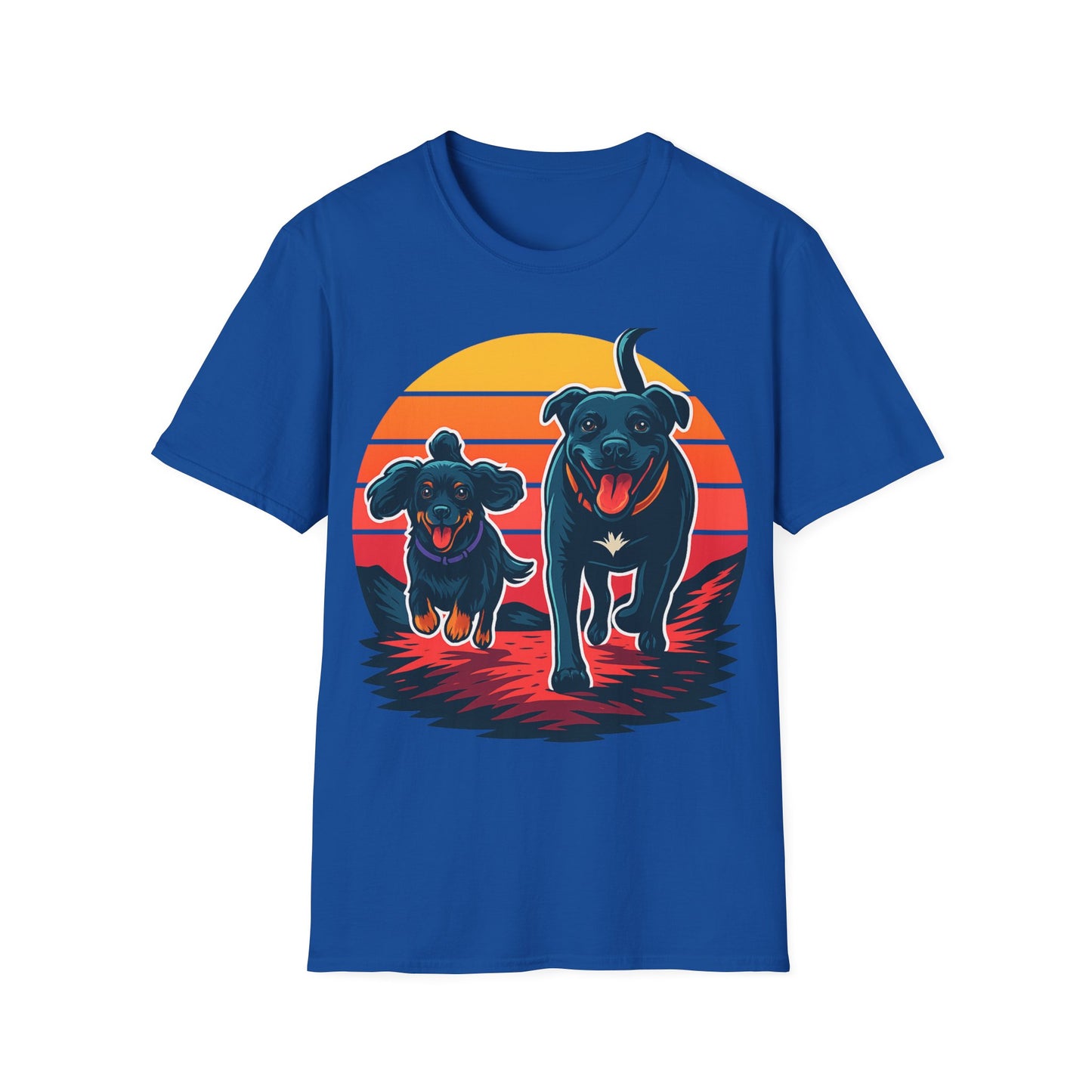 Retro Sunset Dog Shirt | Running Rescue Dog Graphic Tee for Animal Lovers, Teens & Friends | Vibrant Pet Memorial Gift, Adult Unisex T-Shirt