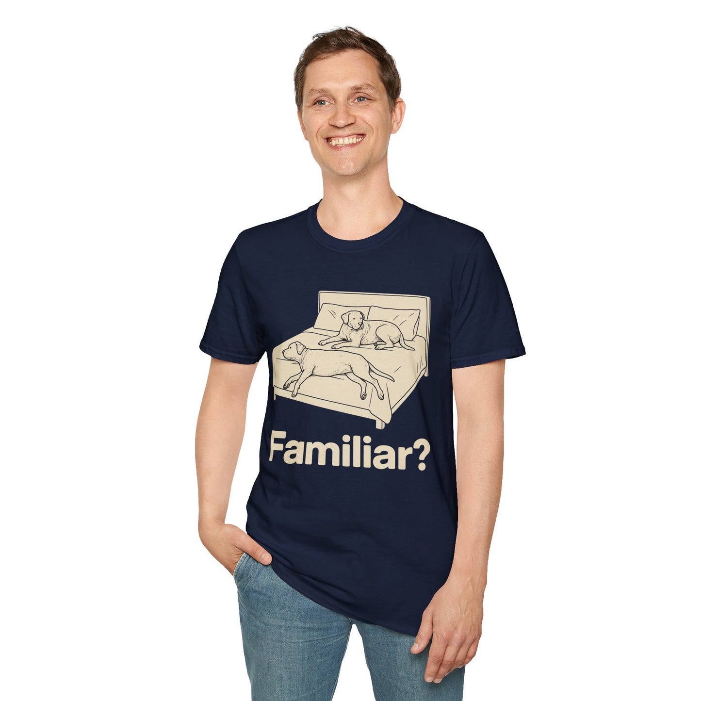 Familiar? T-Shirt – Funny Dog Bed Takeover Tee for Dog Lovers, Couples, Rescue Dog Owners, Adult Unisex T-Shirt