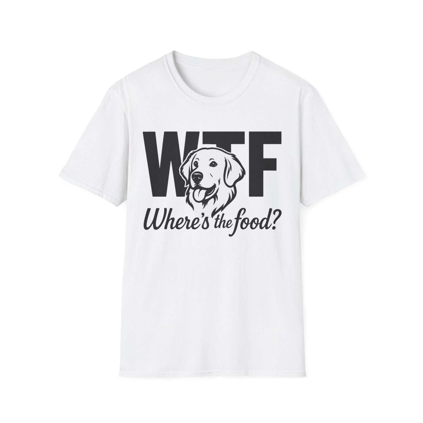 WTF Where’s The Food Funny Dog T-Shirt – Golden Retriever Design for Dog Lovers, Light Color Tee for Pet Owners, Animal Rescue Humor Gift, Adult Unisex T-Shirt