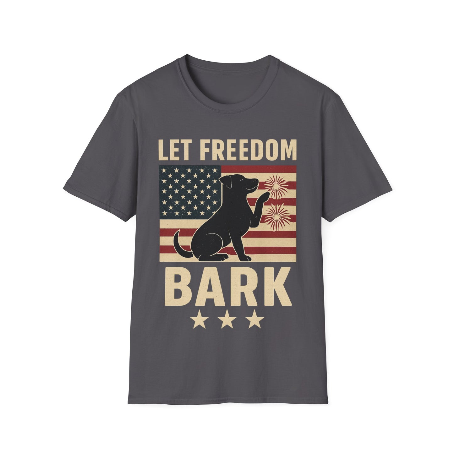 Let Freedom Bark Patriotic Dog T-Shirt | Fourth of July Rescue Tee | USA Flag Fireworks Dog Lover T-Shirt | Animal Adoption Apparel | Independence Day Dog Shirt | Gildan 64000 Unisex Soft Cotton T-Shirt for Pet Parents, Adult Unisex T-Shirt