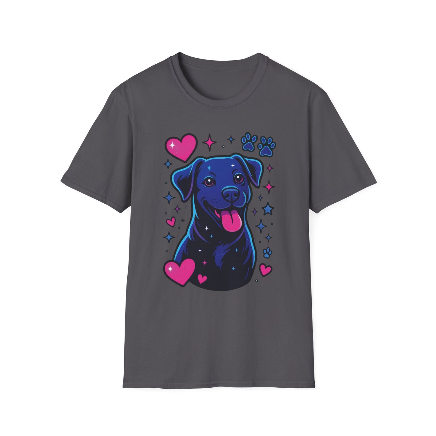 Neon Dog Graphic T-Shirt | Y2K Two-Sided Rescue Shirt with Front Dog Art + Back Logo | Adopted and Adored Apparel | Animal Adoption Awareness, Adult Unisex T-Shirt