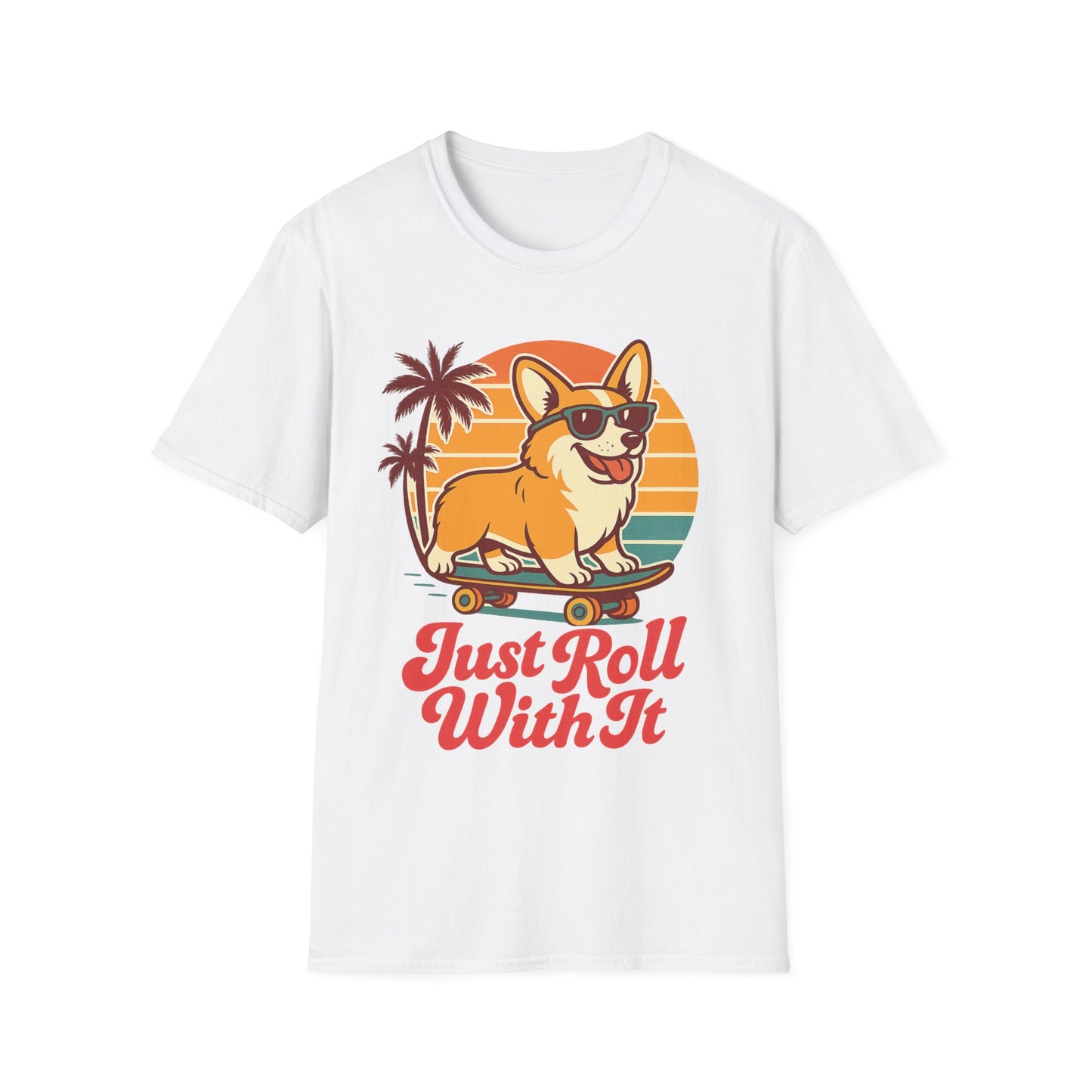 Funny Corgi Skateboard T-Shirt – Just Roll With It Retro Dog Tee | Summer Beach Dog Shirt for Pet Lovers, Adult Unisex T-Shirt