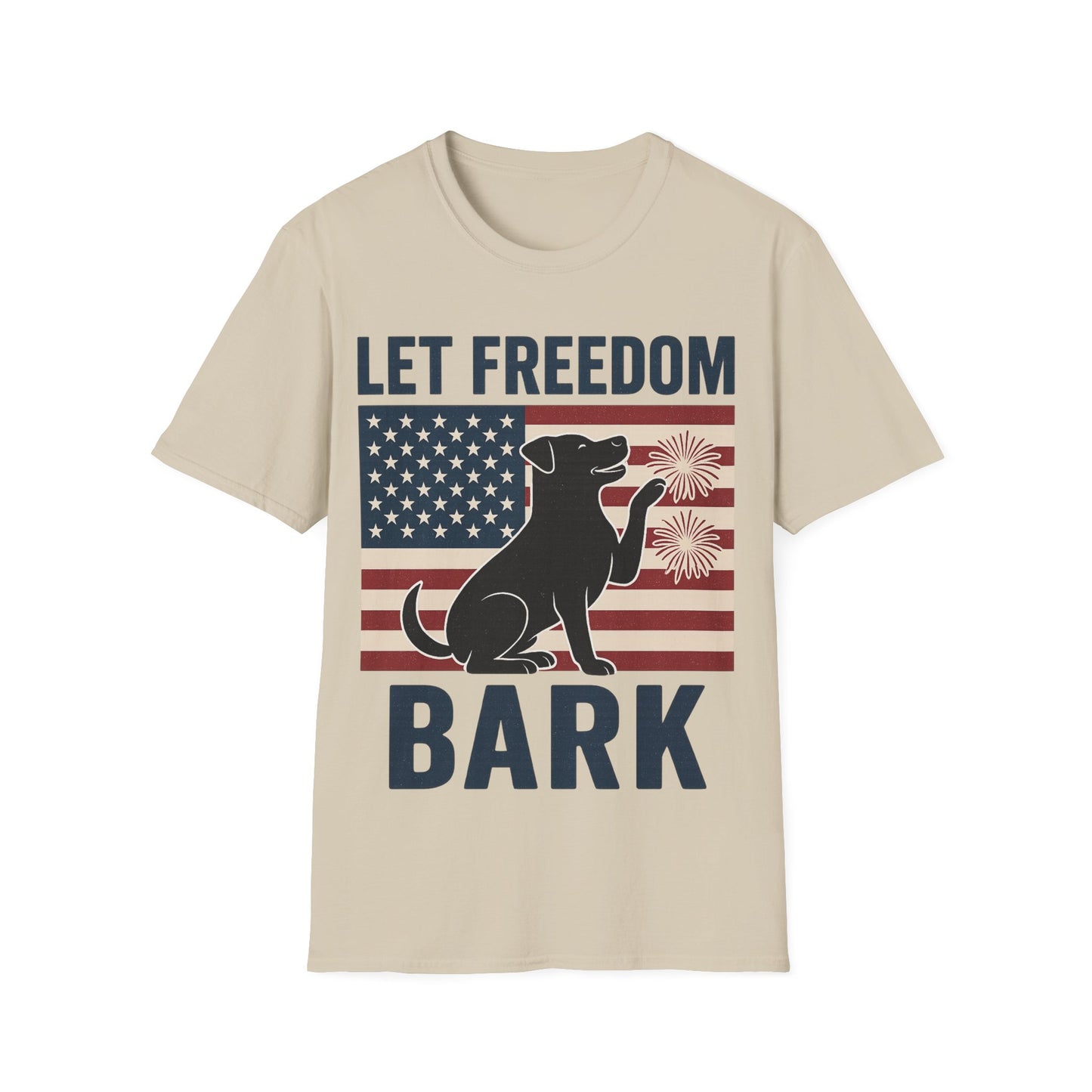 Let Freedom Bark Patriotic Dog T-Shirt | Fourth of July Rescue Tee | USA Flag Fireworks Dog Lover T-Shirt | Animal Adoption Apparel | Independence Day Dog Shirt | Gildan 64000 Unisex Soft Cotton T-Shirt for Pet Parents, Adult Unisex T-Shirt