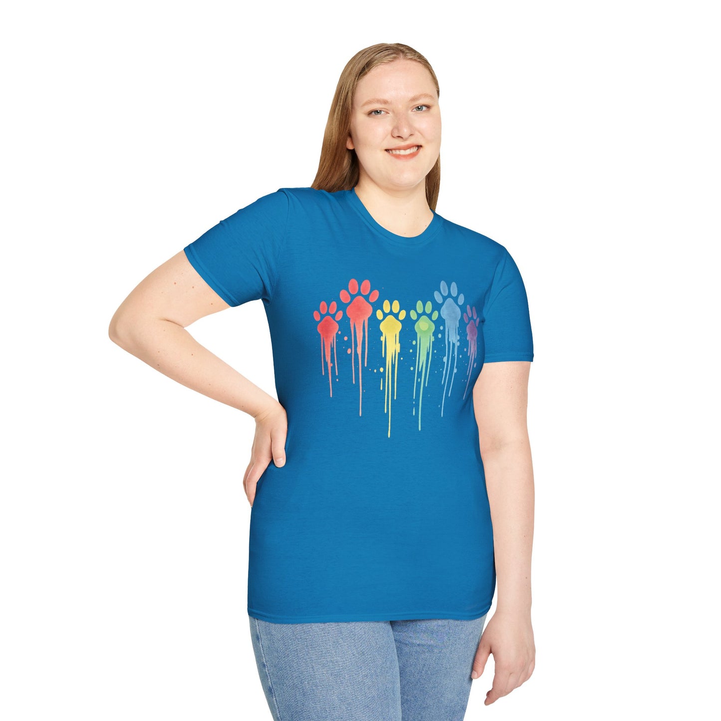 Rainbow Paw Print Drip Shirt | Colorful Rescue Dog Pride Tee | Animal Lover Watercolor Pet Shirt | Unisex Gildan 64000 T-Shirt | Adopt Don't Shop, Adult Unisex T-Shirt