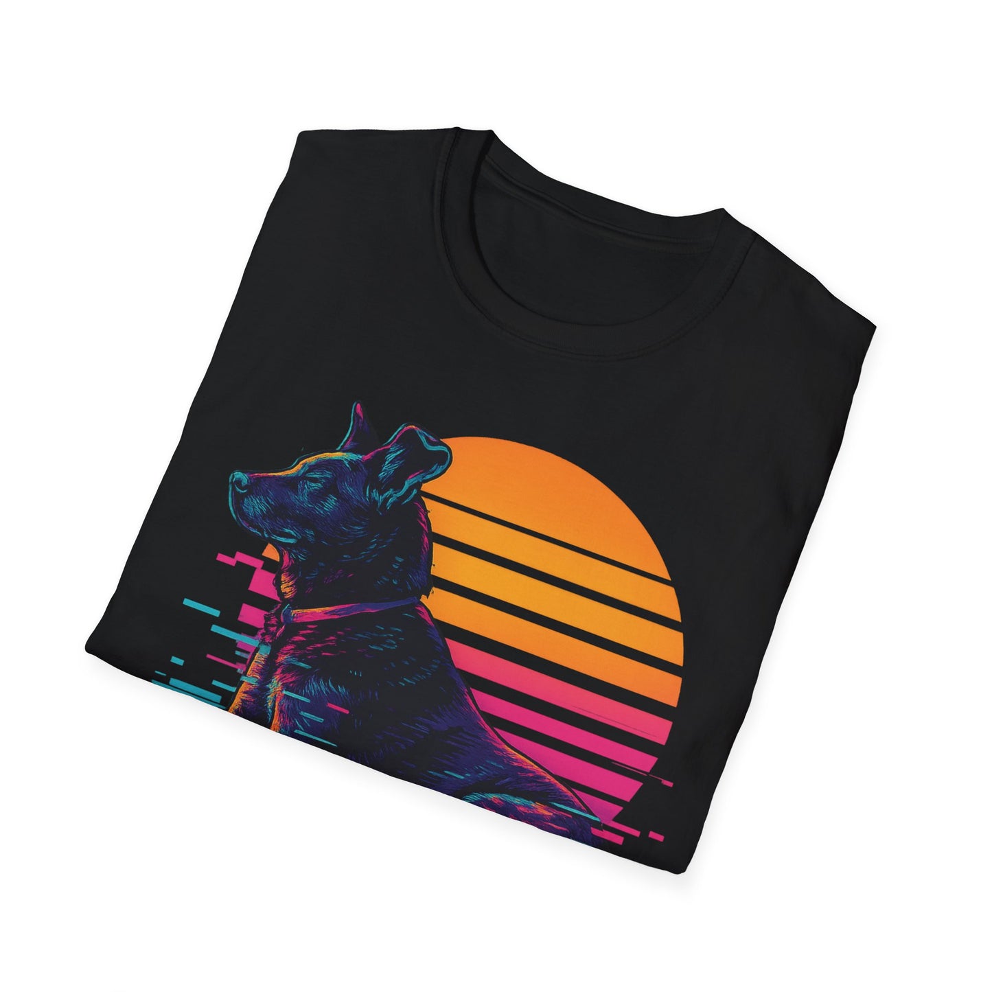 Glitch Art Rescue Dog Shirt | Retro Sunset Dog Graphic Tee for Teens & Animal Lovers | Bold Streetwear Style, Adult Unisex T-Shirt