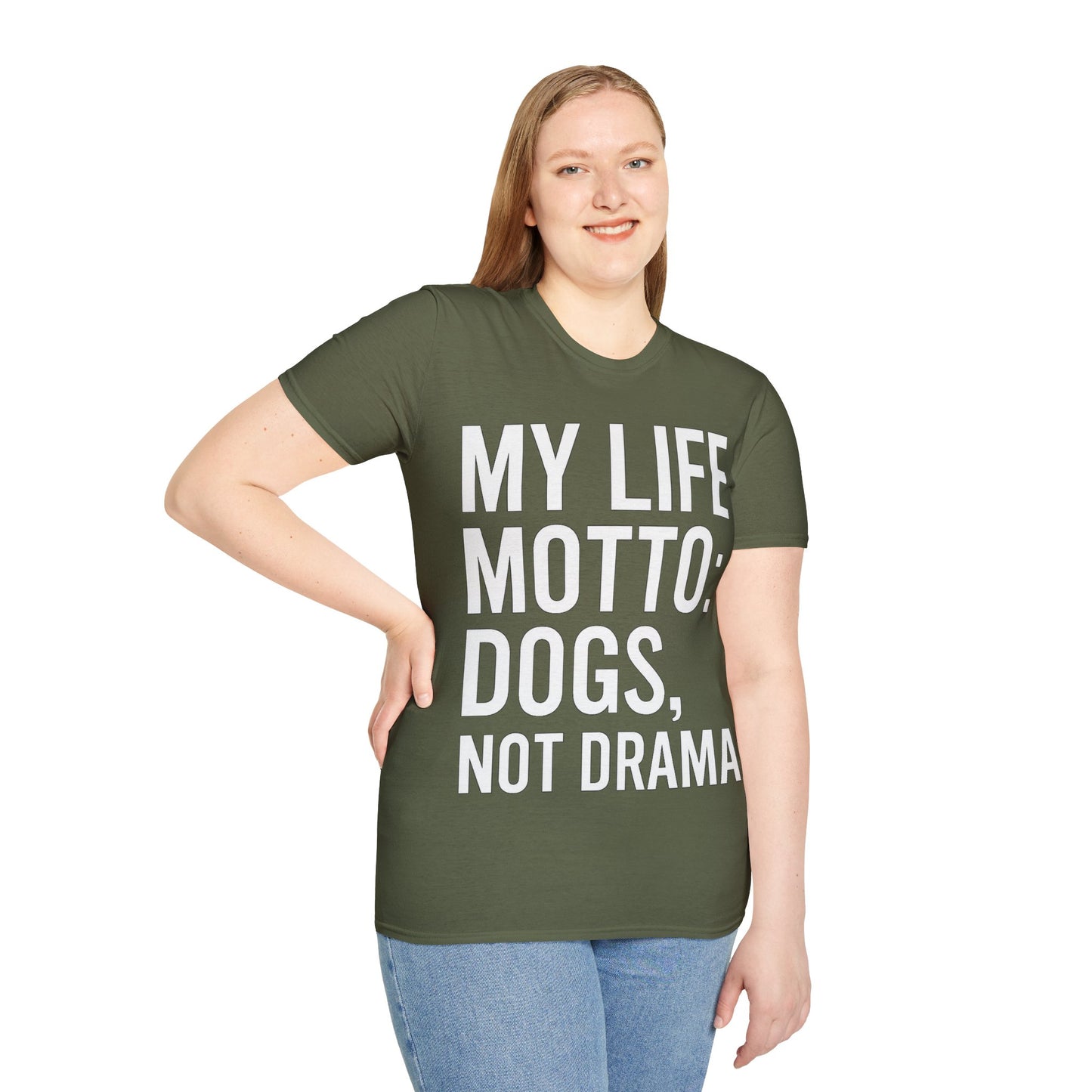 My Life Motto Dogs Not Drama T-Shirt | Funny Rescue Dog Shirt | Multiple Print Options | Dog Lover Anti-Drama Tee | Animal Rescue Quote Shirt | Pet Adoption Apparel | Gildan 64000 Unisex Soft Cotton T-Shirt, Adult Unisex T-Shirt
