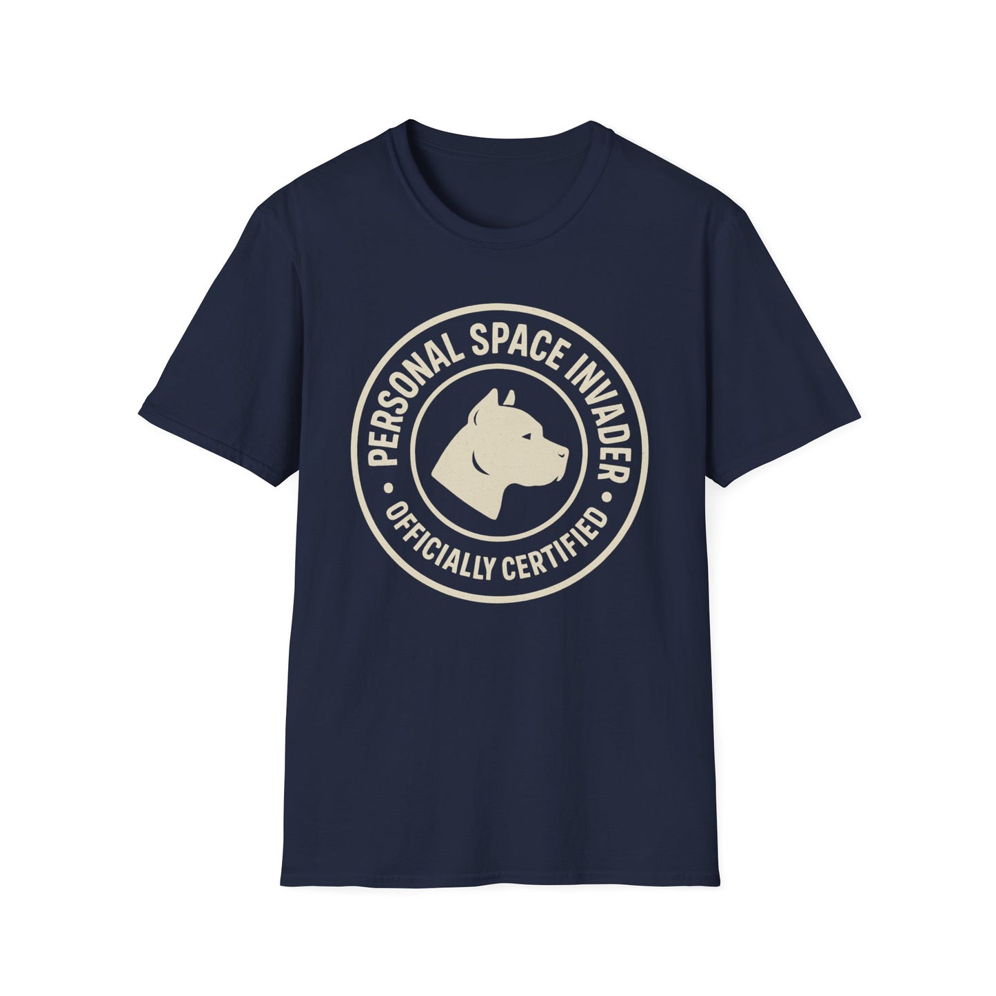 Personal Space Invader Officially Certified Pit Bull Unisex Adult T-Shirt – Rescue Dog Humor – 10% Donated – Free Shipping $75+