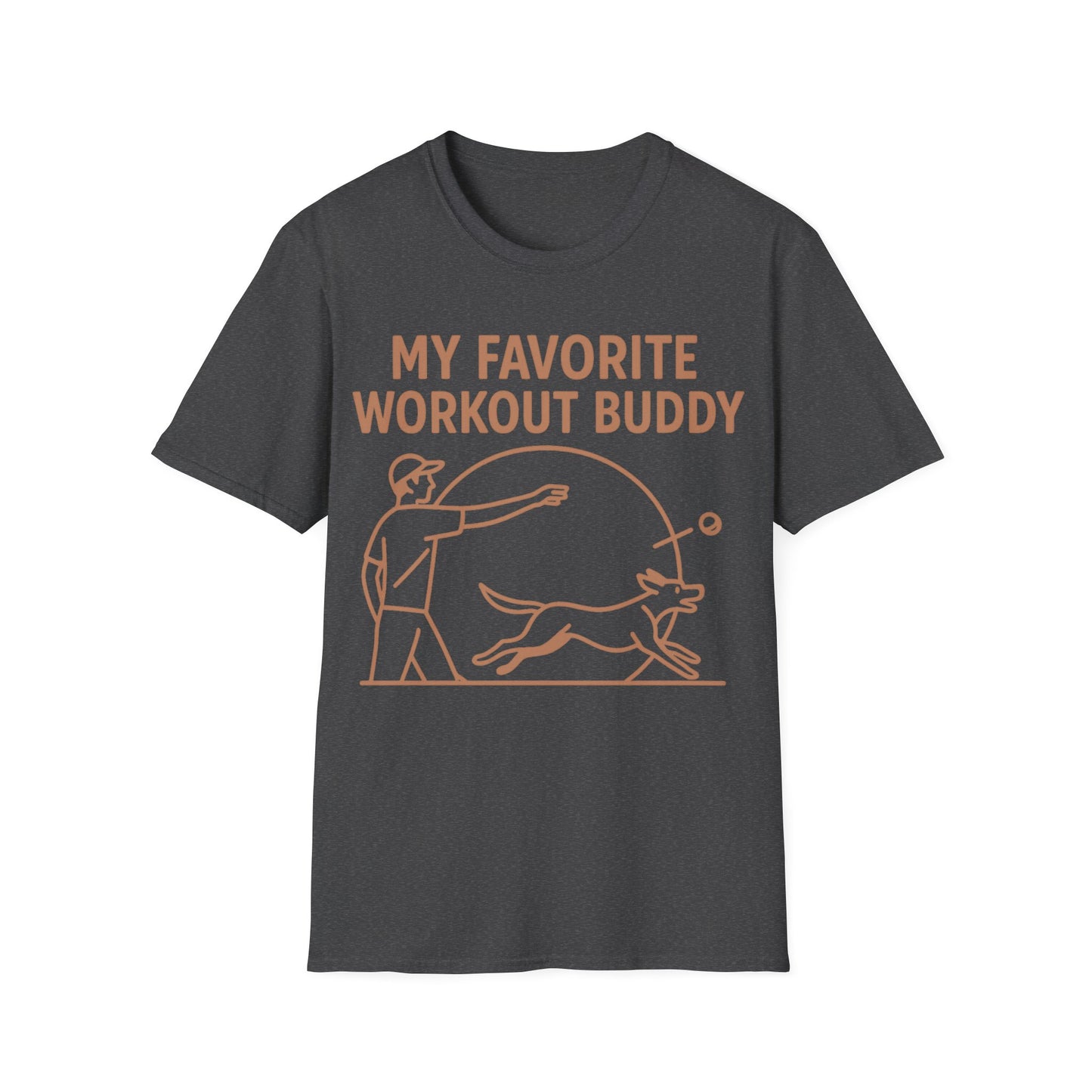 My Favorite Workout Buddy Dog T-Shirt – Funny Dog Owner Gift Tee – Fetch and Play Line Art Design – Vintage Soft Ink on Gildan 64000 Unisex T-Shirt, Adult Unisex T-Shirt