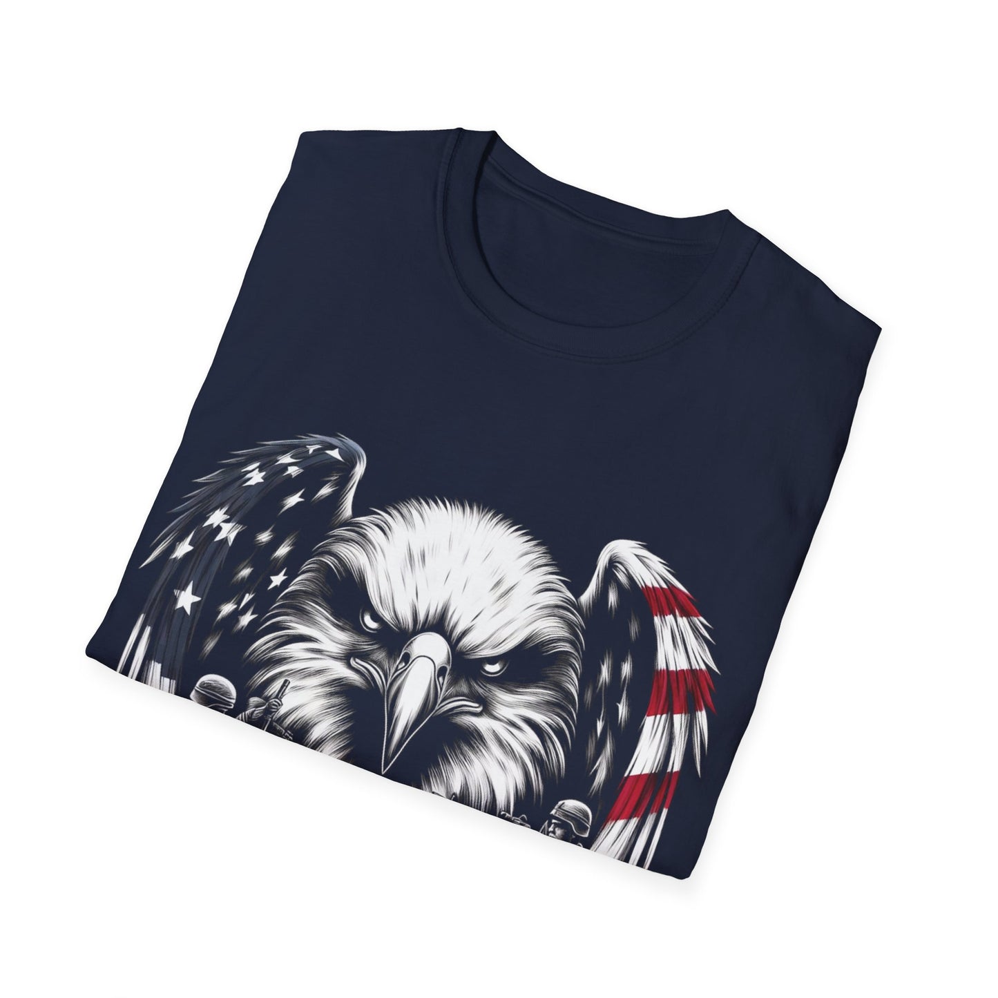 Faith and Freedom Eagle T-Shirt – 4th of July Patriotic Christian Tee – American Flag Wings, Battle Cross, Soldiers in Prayer – Adopted and Adored Apparel, Adult Unisex T-Shirt