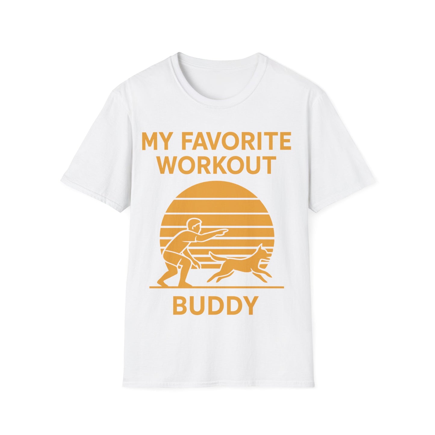 My Favorite Workout Buddy T-Shirt – Dog Lover Gift Tee – Sunset Gold Line Art Design – Playing Fetch Graphic – Motivational Dog Shirt – Gildan 64000 Unisex, Adult Unisex T-Shirt